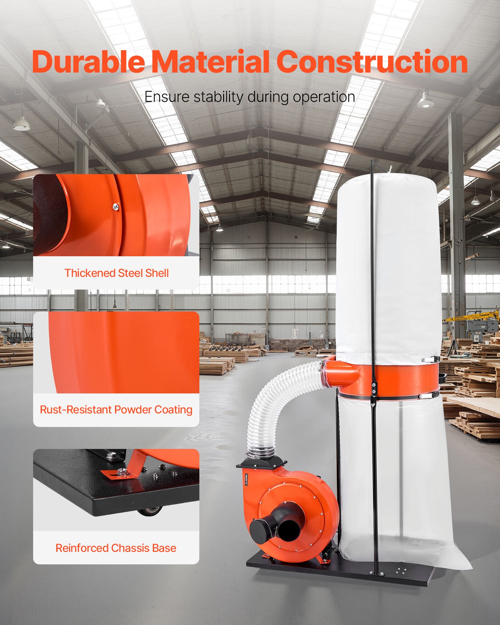 VEVOR Extractor de Polvo, 2038,8 m³/h, Extractor de Virutas de 2,5 Micras, Sistema de Recolección de Serrín de 2,0 HP con Bolsa de Polvo de 132,5 L y Bolsa de Filtro de 159 L, para Carpintería