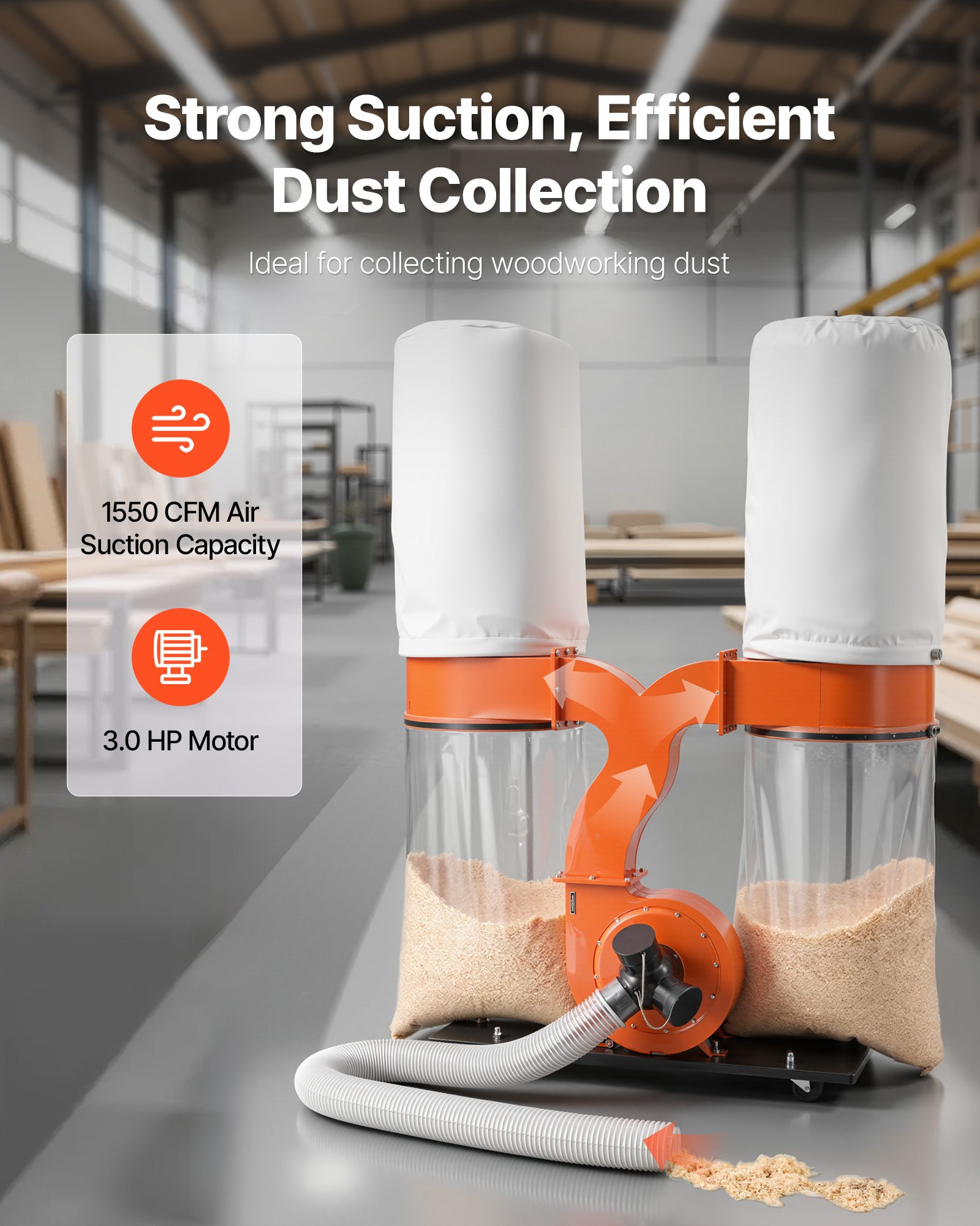 VEVOR Extractor de Polvo, 2634,47 m³/h, Extractor de Virutas 2,5 Micras, Sistema de Recolección de Serrín de 3,0 HP, con Dos Bolsas de Polvo de 132,5 L y Dos Bolsas de Filtro de 159 L, 2800 RPM