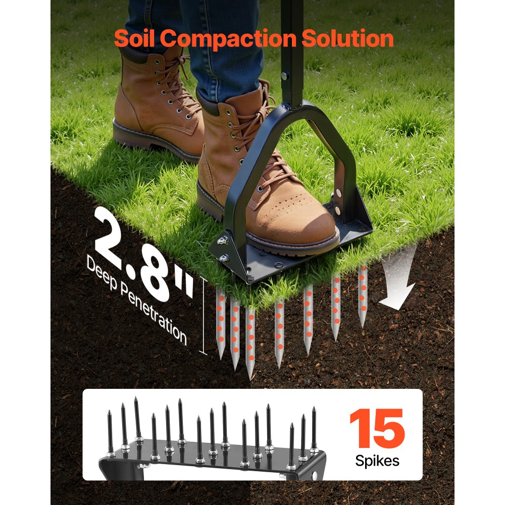 VEVOR Aireador de Césped con Plataforma Ancha para Pies Soporta 90 kg, Mango Largo de 58 cm, 15 Púas de Acero de 6 cm, Herramienta de Aireación de Césped Manual para Jardín Zonas para Mascotas y Patio