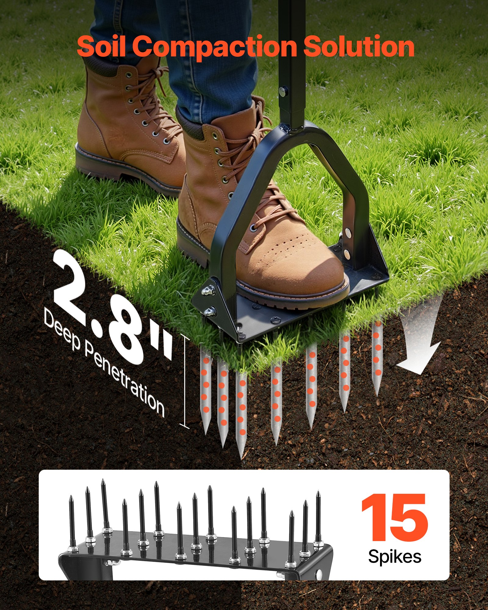 VEVOR Aireador de Césped con Plataforma Ancha para Pies Soporta 90 kg, Mango Largo de 58 cm, 15 Púas de Acero de 6 cm, Herramienta de Aireación de Césped Manual para Jardín Zonas para Mascotas y Patio