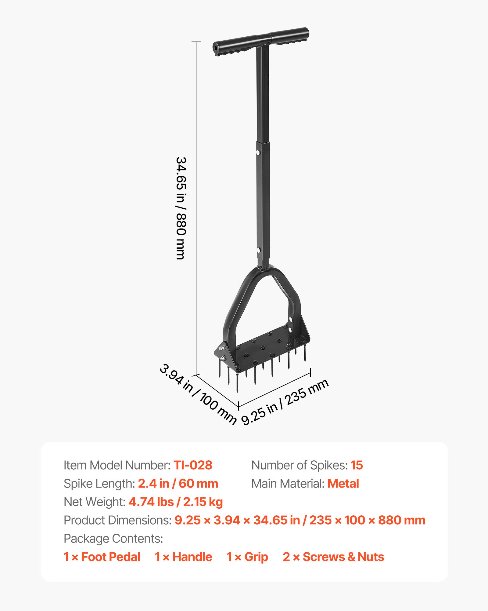 VEVOR Aireador de Césped con Plataforma Ancha para Pies Soporta 90 kg, Mango Largo de 58 cm, 15 Púas de Acero de 6 cm, Herramienta de Aireación de Césped Manual para Jardín Zonas para Mascotas y Patio