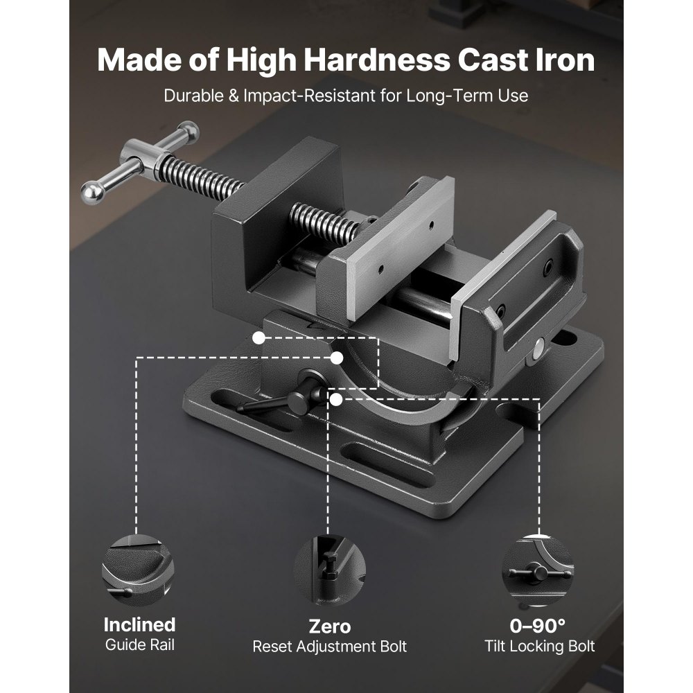 VEVOR Tornillo de Banco Inclinable, Ancho de Mordaza de 10,795 cm, para Taladro de Columna, Inclinación Ajustable de 0 a 90°, para Banco de Trabajo de Carpintería y Mesas, Color Negro, 230 x 190 x 120 mm