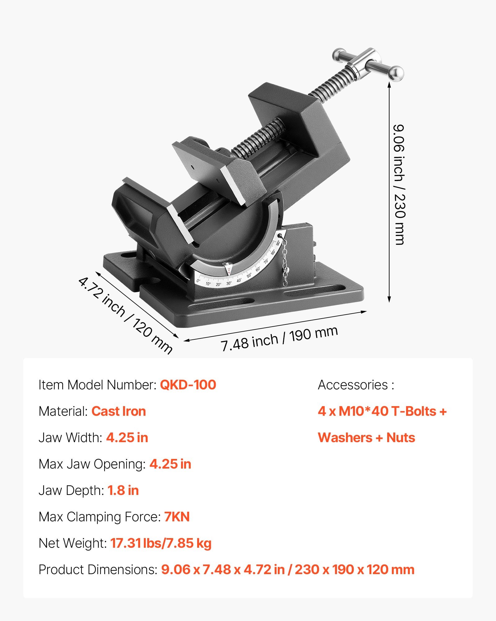 VEVOR Tornillo de Banco Inclinable, Ancho de Mordaza de 10,795 cm, para Taladro de Columna, Inclinación Ajustable de 0 a 90°, para Banco de Trabajo de Carpintería y Mesas, Color Negro, 230 x 190 x 120 mm