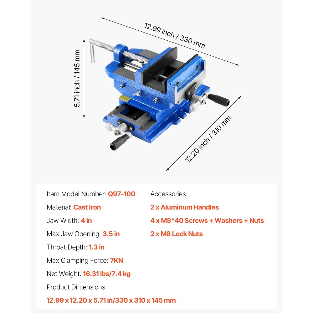 VEVOR Tornillo de Banco Cruzado, Mordaza de 10 cm, Eje XY Bidireccional, Abrazadera de Banco de Hierro Fundido, para Taladrar y Fresar Máquinas CNC de Carpintería, hasta 7 kN, 330 x 310 x 145 mm