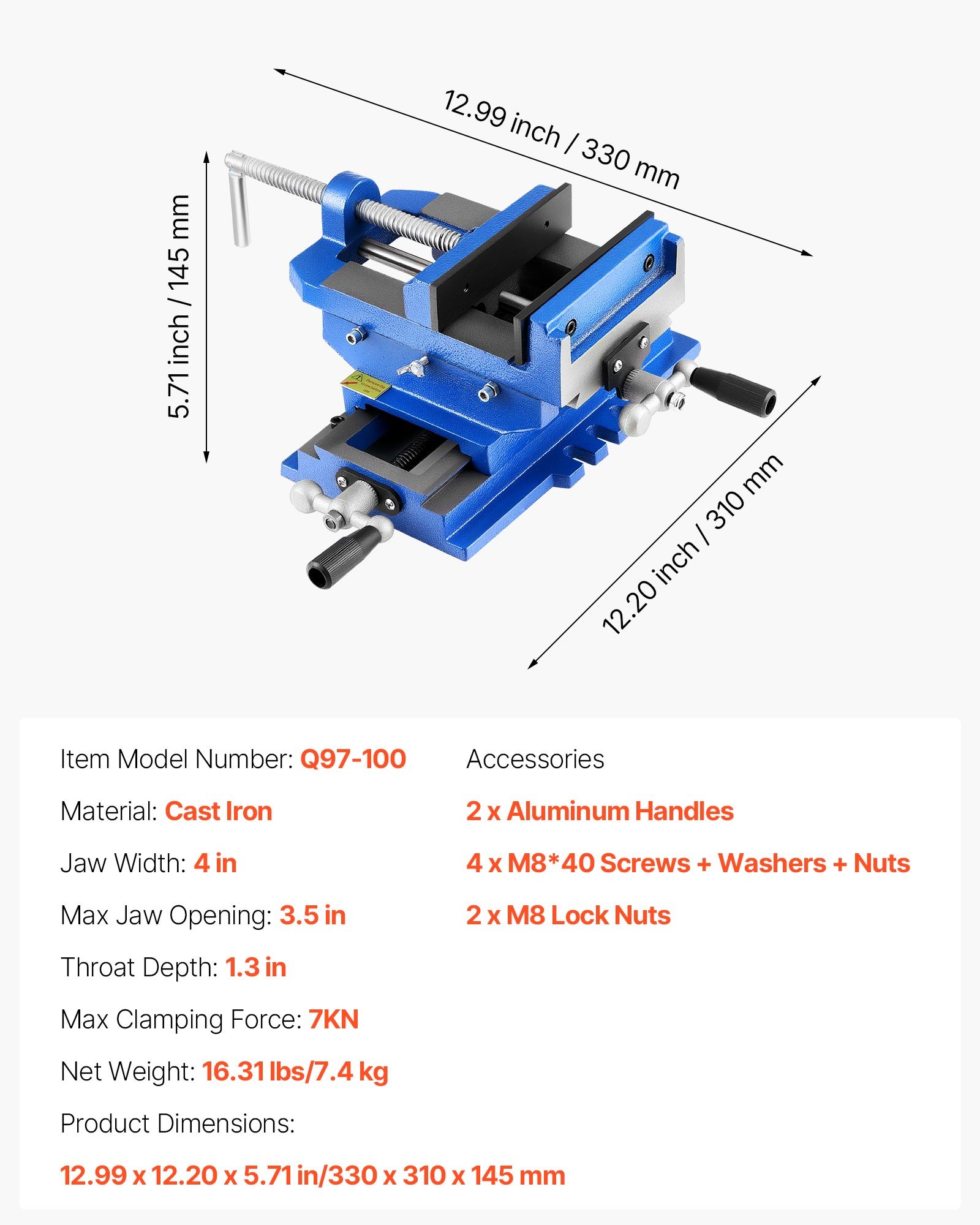VEVOR Tornillo de Banco Cruzado, Mordaza de 10 cm, Eje XY Bidireccional, Abrazadera de Banco de Hierro Fundido, para Taladrar y Fresar Máquinas CNC de Carpintería, hasta 7 kN, 330 x 310 x 145 mm