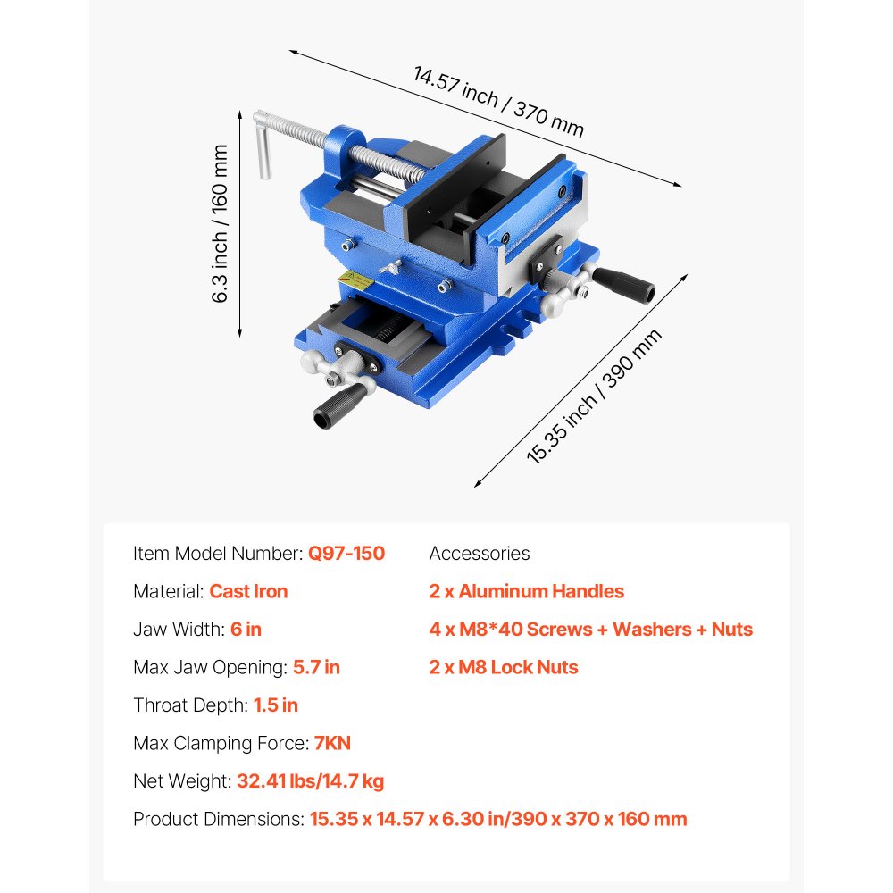 VEVOR Tornillo de Banco, Mordaza de 15 cm, Eje XY Bidireccional, Apertura de Mordaza de 14,5 cm, Abrazadera de Banco, para Taladrar y Fresar CNC de Carpintería, hasta 7 kN, 390 x 370 x 160 mm