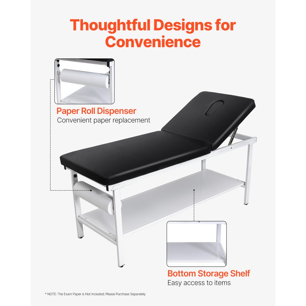 VEVOR Camilla de Exploración Médica, Carga de 227 kg, Respaldo Ajustable de 0° a 40°, Estante de Almacenamiento y Dispensador de Rollos de Papel para Hospitales, Clínicas, 1855 x 705 x 815 mm