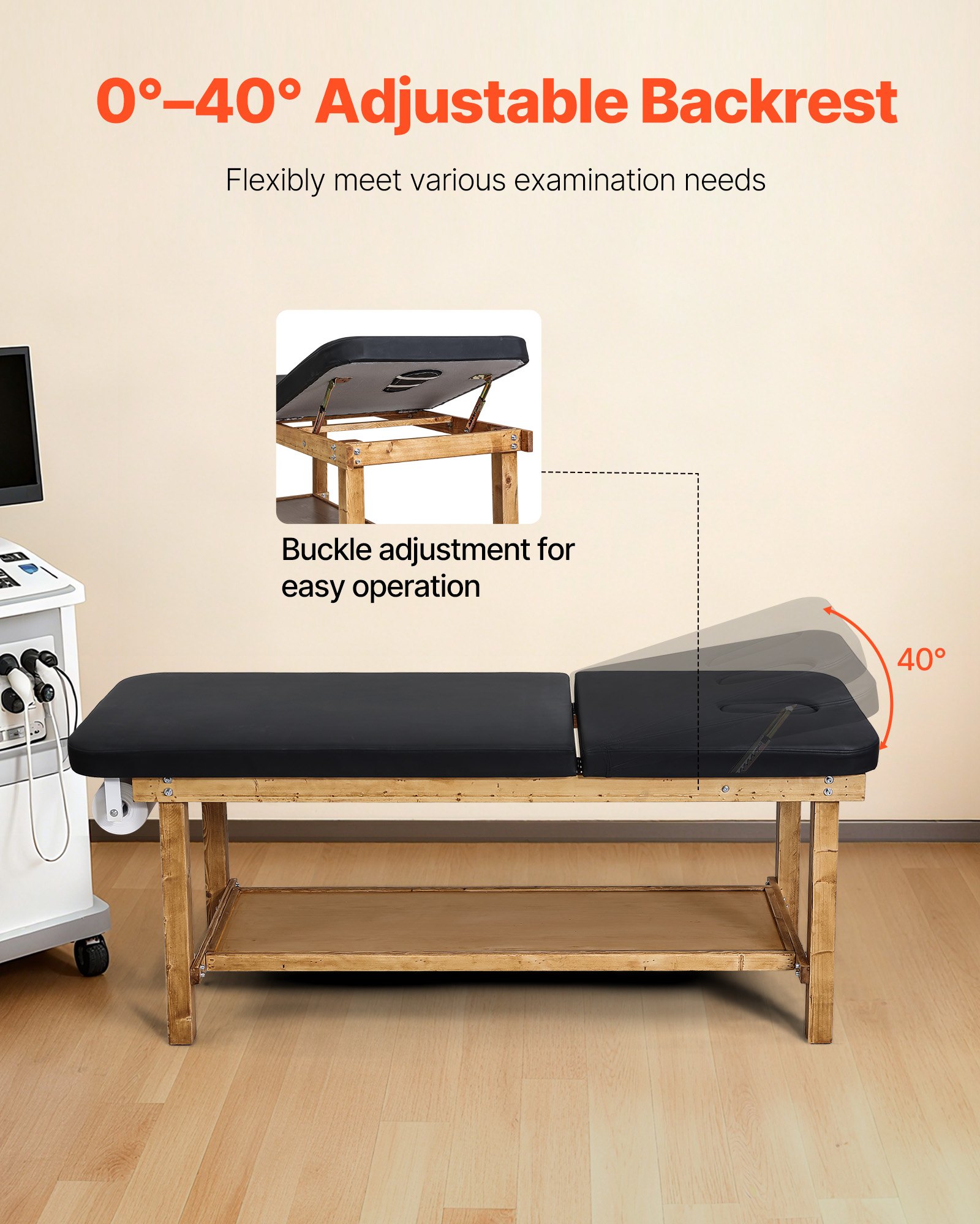VEVOR Mesa de Exploración Médica, con Estructura de Madera, Respaldo Ajustable, Estante de Almacenamiento y Dispensador de Rollos de Papel para Hospitales, Clínicas y Centros de Rehabilitación