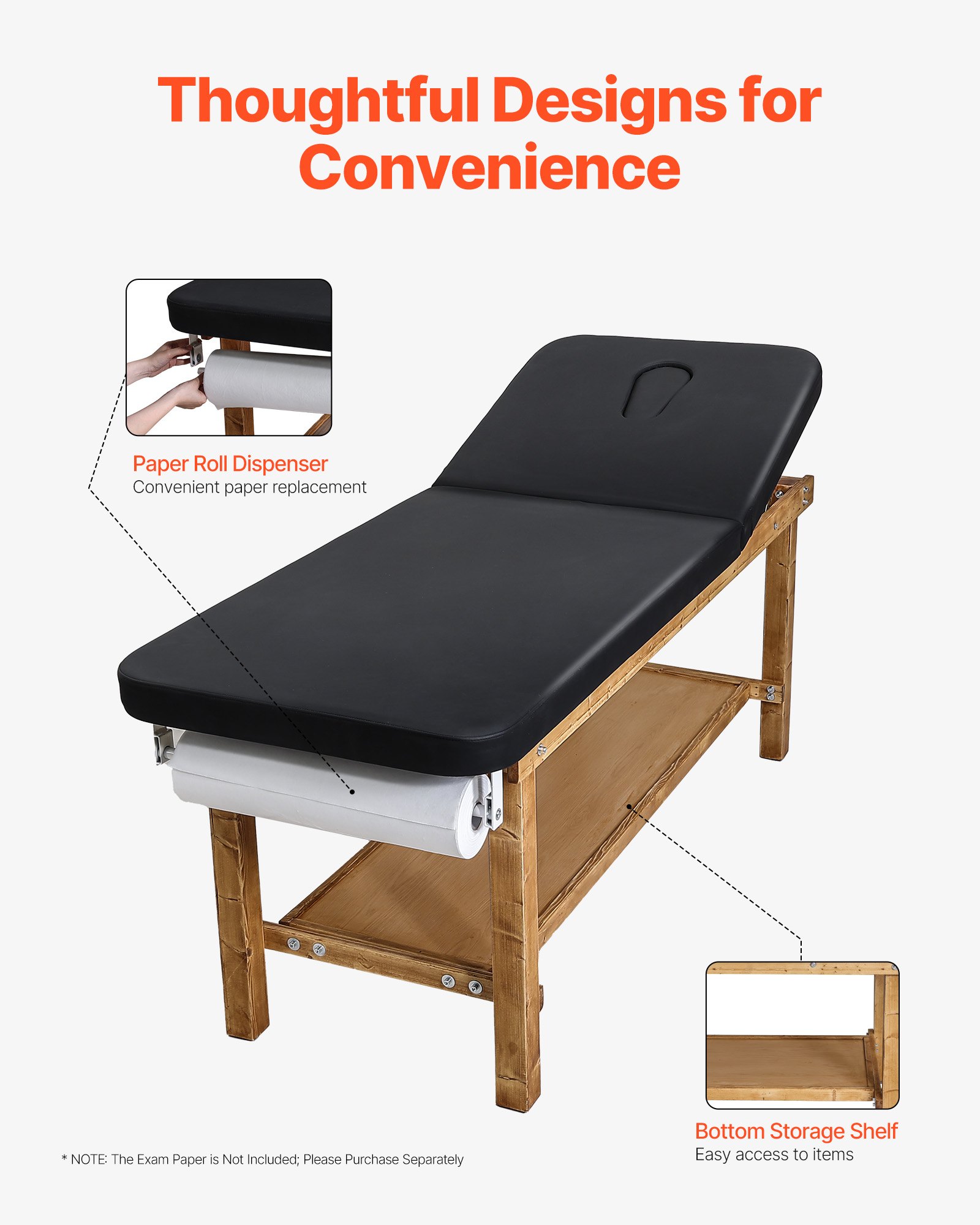 VEVOR Mesa de Exploración Médica, con Estructura de Madera, Respaldo Ajustable, Estante de Almacenamiento y Dispensador de Rollos de Papel para Hospitales, Clínicas y Centros de Rehabilitación