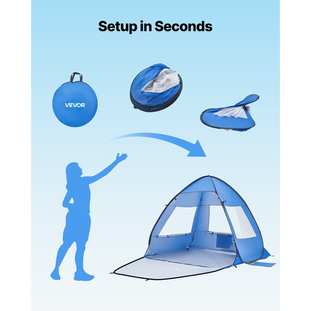 VEVOR Tienda de Playa para 2 Personas 200 x 142 x 114 cm, Carpa de Refugio de Sol Protección UPF 50+, Carpa Portátil de Playa con Bolsa de Transporte y Estacas, para Picnics, Camping, Pescar, Azul