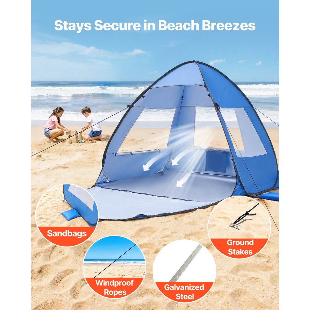 VEVOR Tienda de Playa para 2 Personas 200 x 142 x 114 cm, Carpa de Refugio de Sol Protección UPF 50+, Carpa Portátil de Playa con Bolsa de Transporte y Estacas, para Picnics, Camping, Pescar, Azul