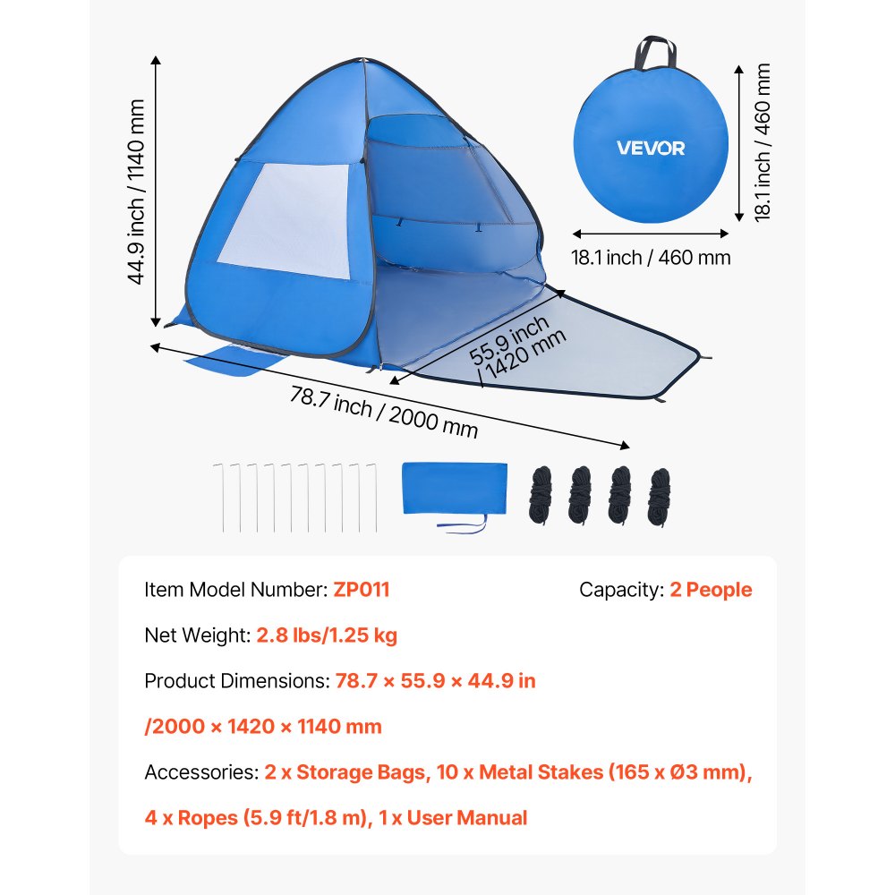 VEVOR Tienda de Playa para 2 Personas 200 x 142 x 114 cm, Carpa de Refugio de Sol Protección UPF 50+, Carpa Portátil de Playa con Bolsa de Transporte y Estacas, para Picnics, Camping, Pescar, Azul