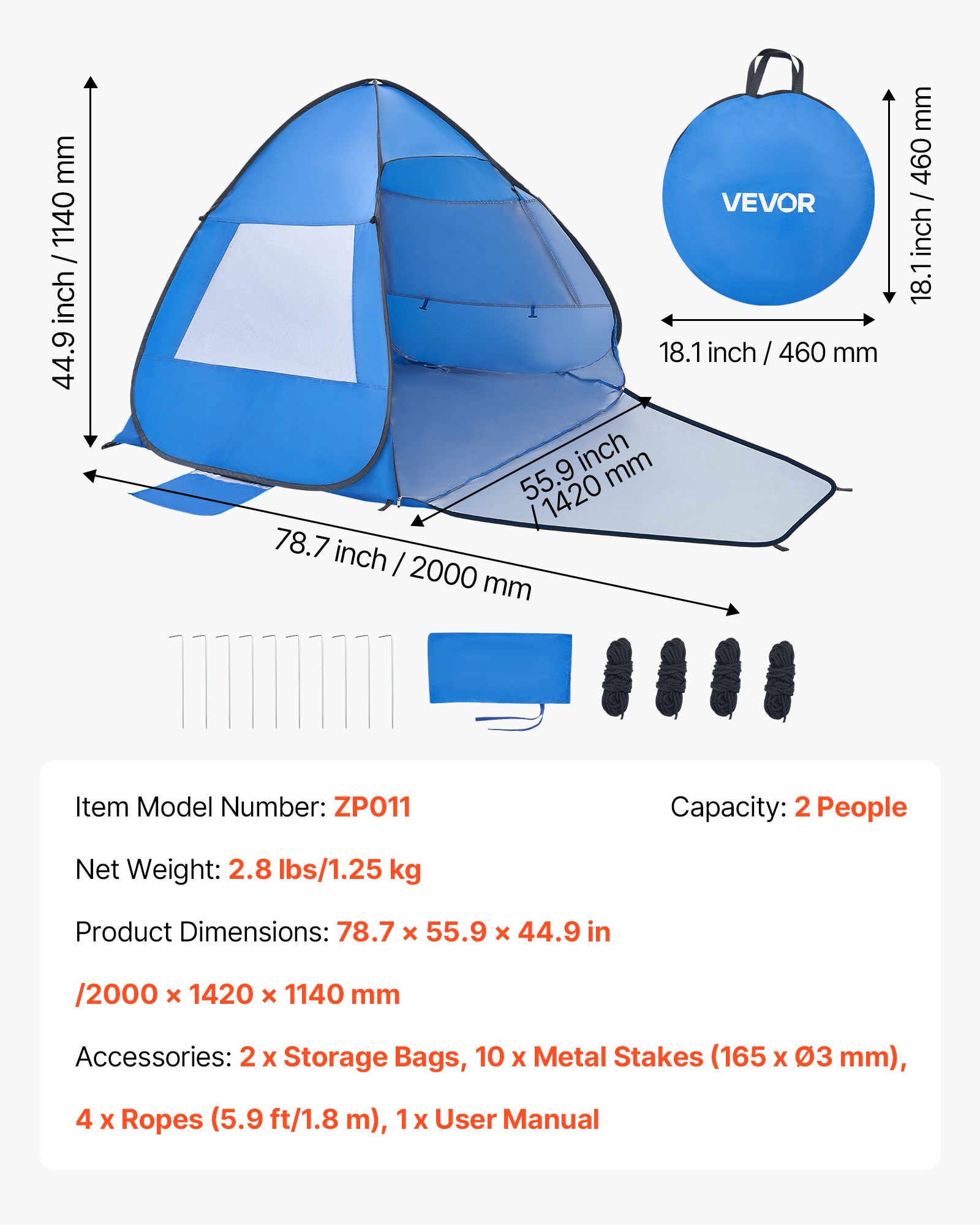 VEVOR Tienda de Playa para 2 Personas 200 x 142 x 114 cm, Carpa de Refugio de Sol Protección UPF 50+, Carpa Portátil de Playa con Bolsa de Transporte y Estacas, para Picnics, Camping, Pescar, Azul