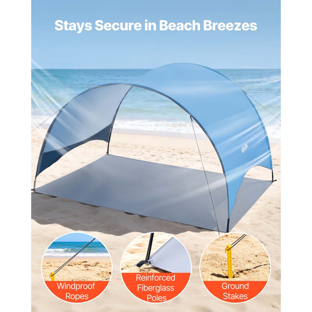 VEVOR Tienda de Playa para 4 Personas 267 x 165 x 153 cm, Carpa de Refugio de Sol Protección UPF 50+, Carpa Portátil de Playa con Bolsa de Transporte y Estacas, para Picnics, Camping, Pescar, Azul
