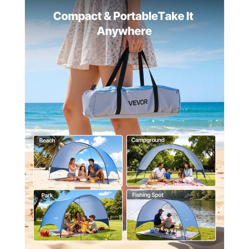 VEVOR Tienda de Playa para 4 Personas 267 x 165 x 153 cm, Carpa de Refugio de Sol Protección UPF 50+, Carpa Portátil de Playa con Bolsa de Transporte y Estacas, para Picnics, Camping, Pescar, Azul