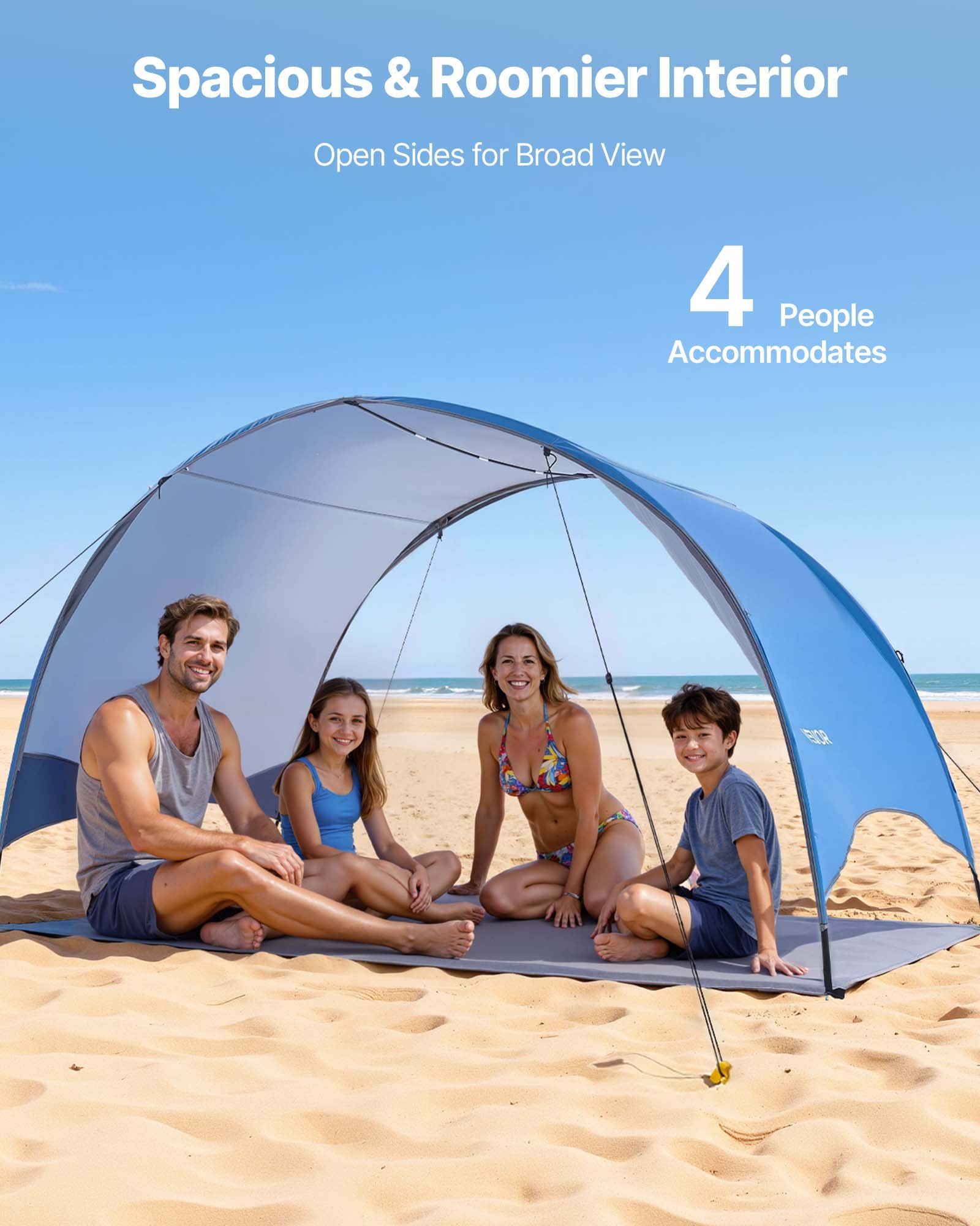VEVOR Tienda de Playa para 4 Personas 267 x 165 x 153 cm, Carpa de Refugio de Sol Protección UPF 50+, Carpa Portátil de Playa con Bolsa de Transporte y Estacas, para Picnics, Camping, Pescar, Azul
