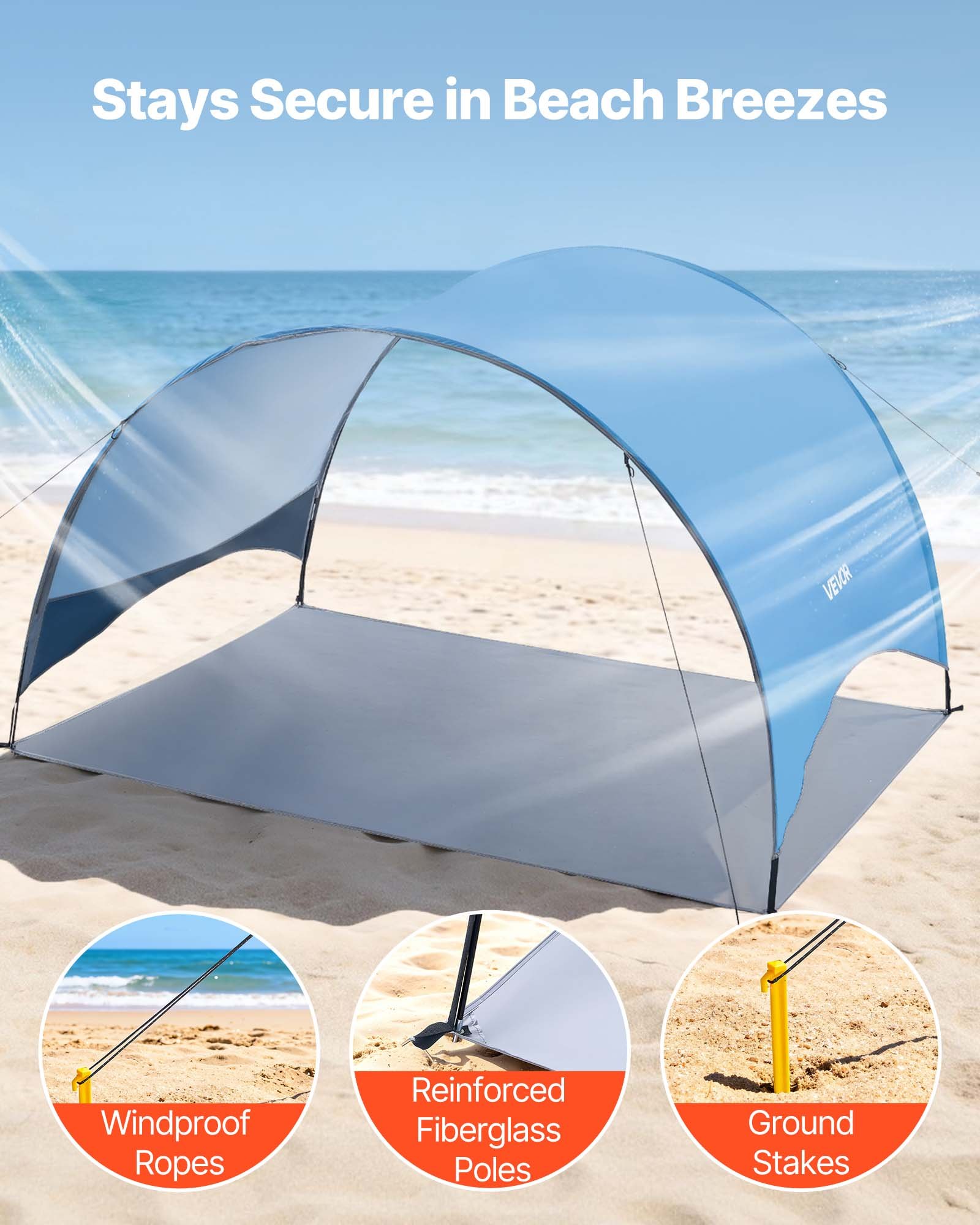 VEVOR Tienda de Playa para 4 Personas 267 x 165 x 153 cm, Carpa de Refugio de Sol Protección UPF 50+, Carpa Portátil de Playa con Bolsa de Transporte y Estacas, para Picnics, Camping, Pescar, Azul