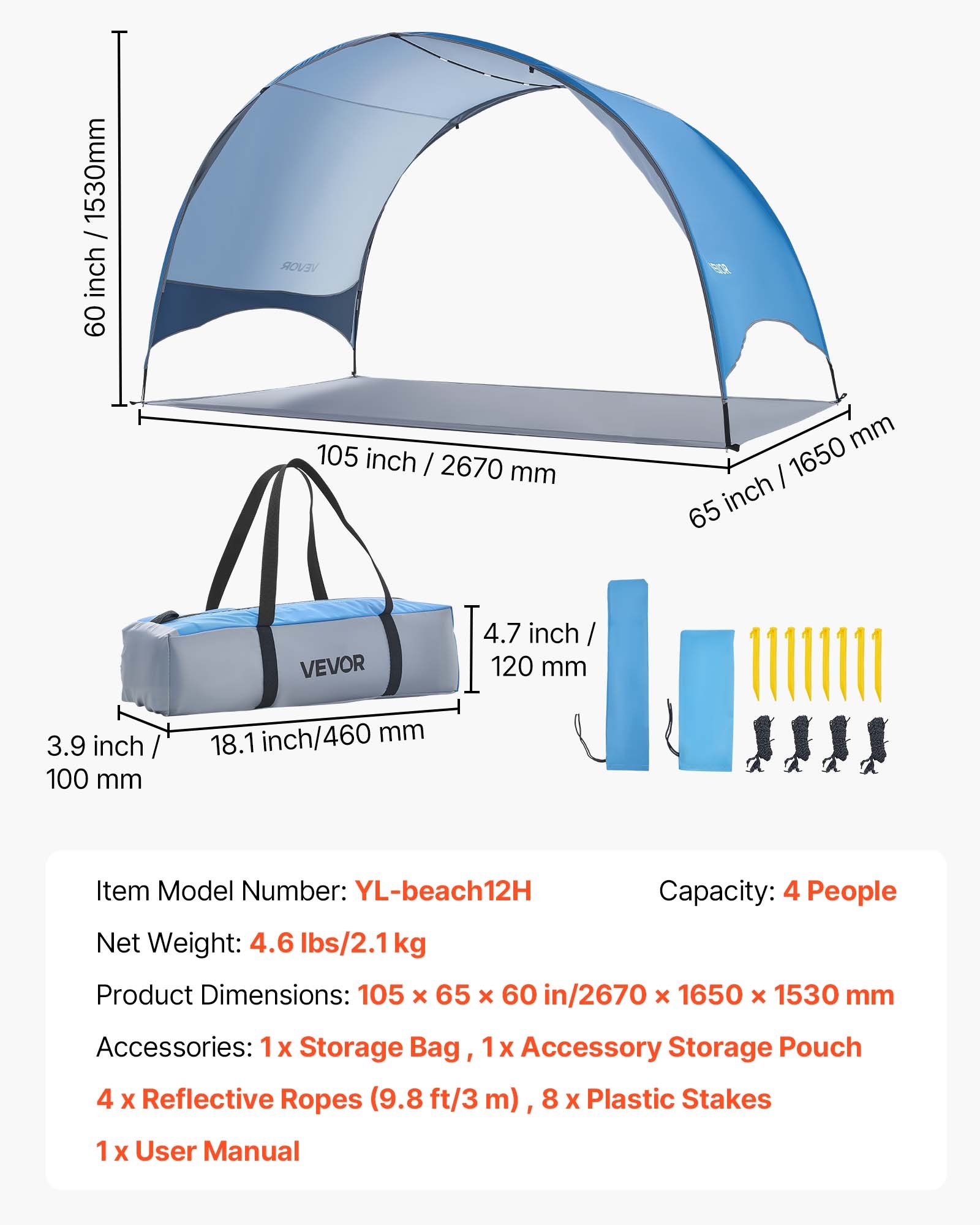 VEVOR Tienda de Playa para 4 Personas 267 x 165 x 153 cm, Carpa de Refugio de Sol Protección UPF 50+, Carpa Portátil de Playa con Bolsa de Transporte y Estacas, para Picnics, Camping, Pescar, Azul