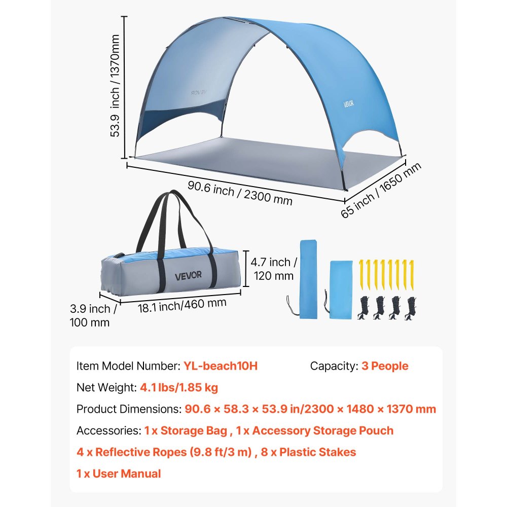 VEVOR Tienda de Playa para 3 Personas 230 x 148 x 137 cm, Carpa de Refugio de Sol Protección UPF 50+, Carpa Portátil de Playa con Bolsa de Transporte y Estacas, para Picnics, Camping, Pescar, Azul