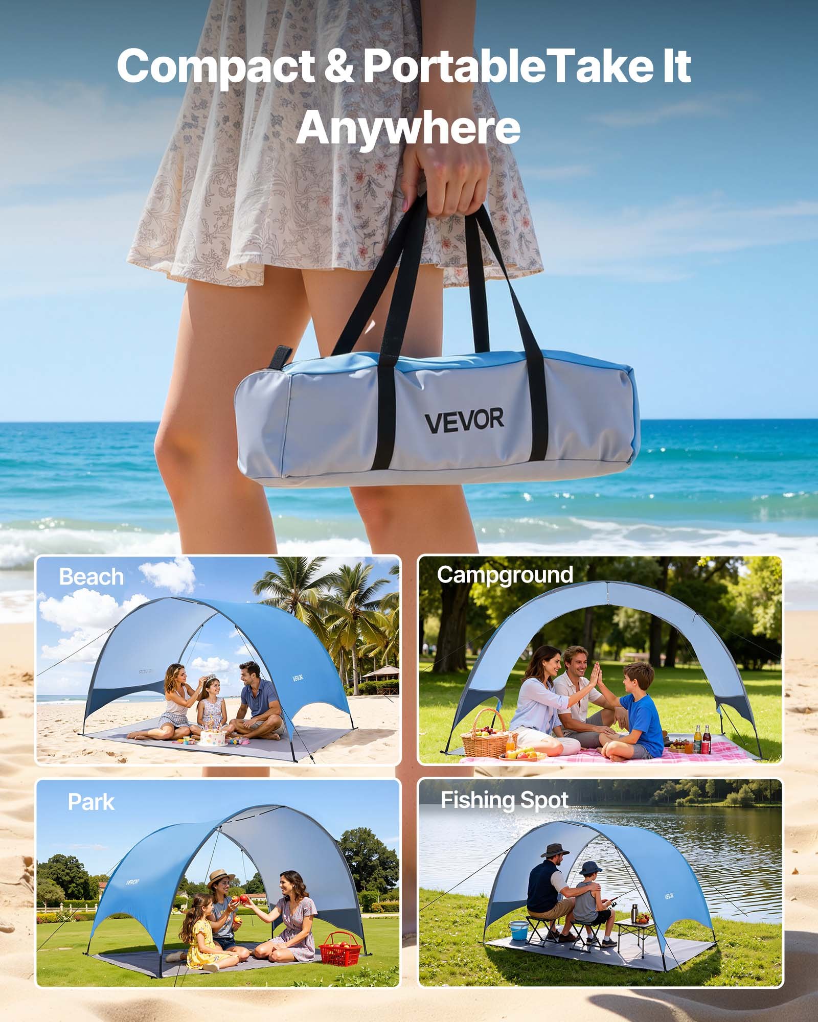VEVOR Tienda de Playa para 3 Personas 230 x 148 x 137 cm, Carpa de Refugio de Sol Protección UPF 50+, Carpa Portátil de Playa con Bolsa de Transporte y Estacas, para Picnics, Camping, Pescar, Azul