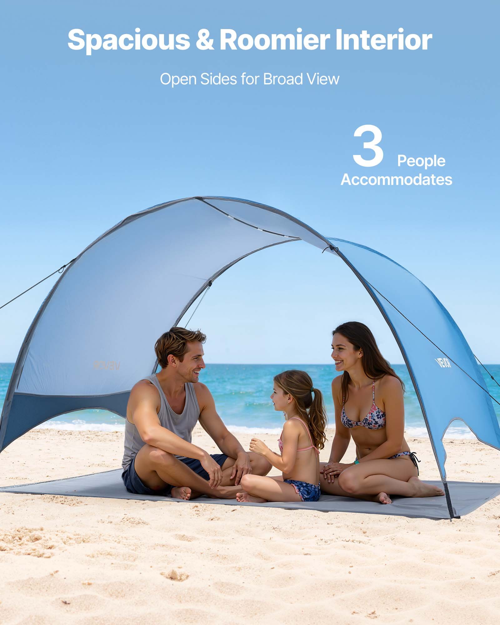VEVOR Tienda de Playa para 3 Personas 230 x 148 x 137 cm, Carpa de Refugio de Sol Protección UPF 50+, Carpa Portátil de Playa con Bolsa de Transporte y Estacas, para Picnics, Camping, Pescar, Azul