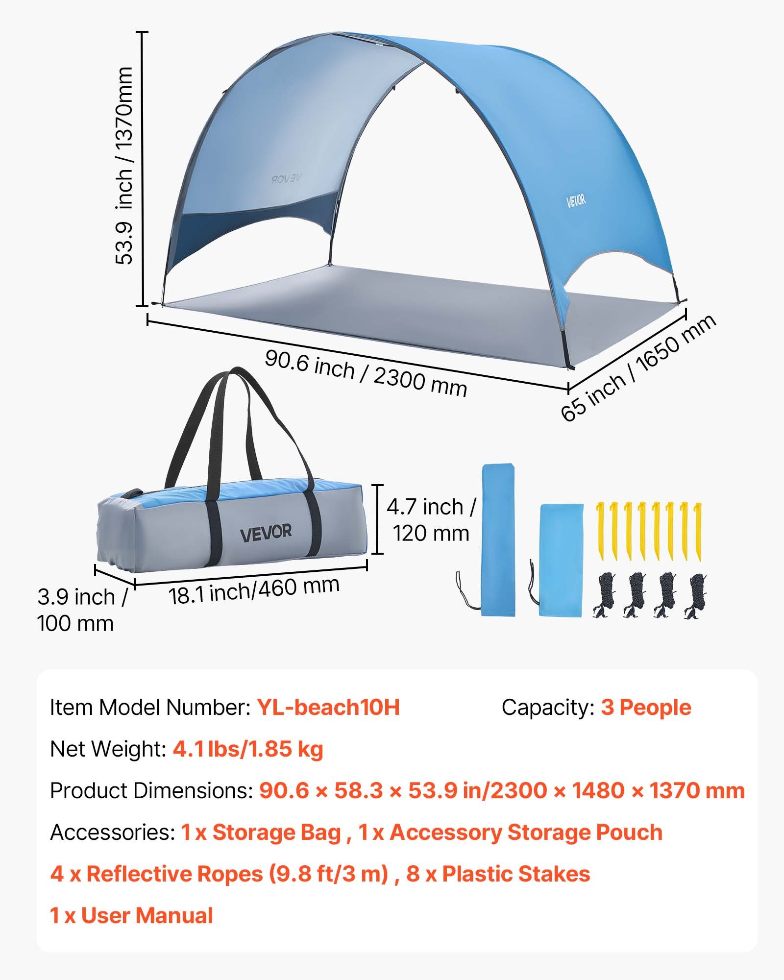 VEVOR Tienda de Playa para 3 Personas 230 x 148 x 137 cm, Carpa de Refugio de Sol Protección UPF 50+, Carpa Portátil de Playa con Bolsa de Transporte y Estacas, para Picnics, Camping, Pescar, Azul