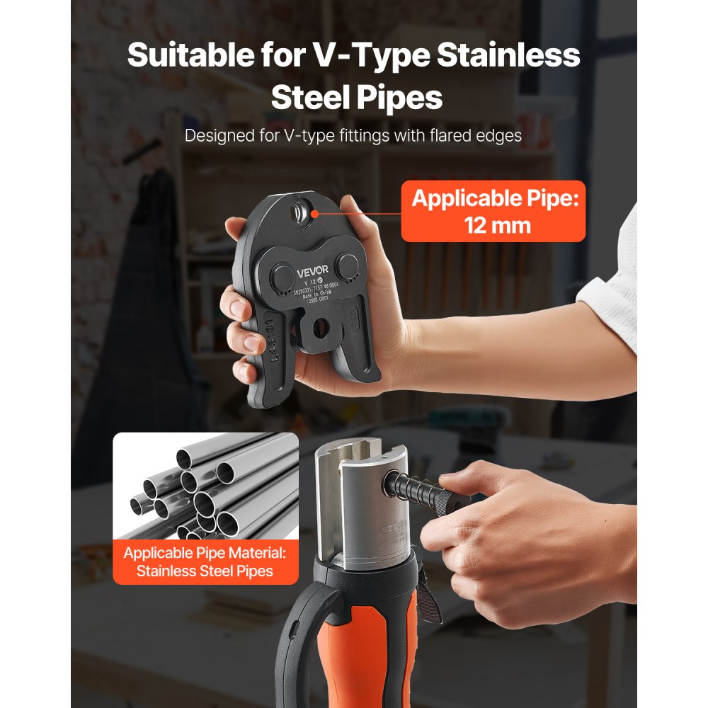 VEVOR Mordaza de Prensado 12 mm para Tubos de Acero Inoxidable Tipo V, de Acero Cementado de Alta Resistencia, Compatibles con Herramientas de Prensado Estándar, 148 x 110 x 39 mm, 1 ud, Negro