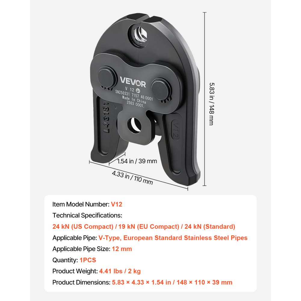 VEVOR Mordaza de Prensado 12 mm para Tubos de Acero Inoxidable Tipo V, de Acero Cementado de Alta Resistencia, Compatibles con Herramientas de Prensado Estándar, 148 x 110 x 39 mm, 1 ud, Negro