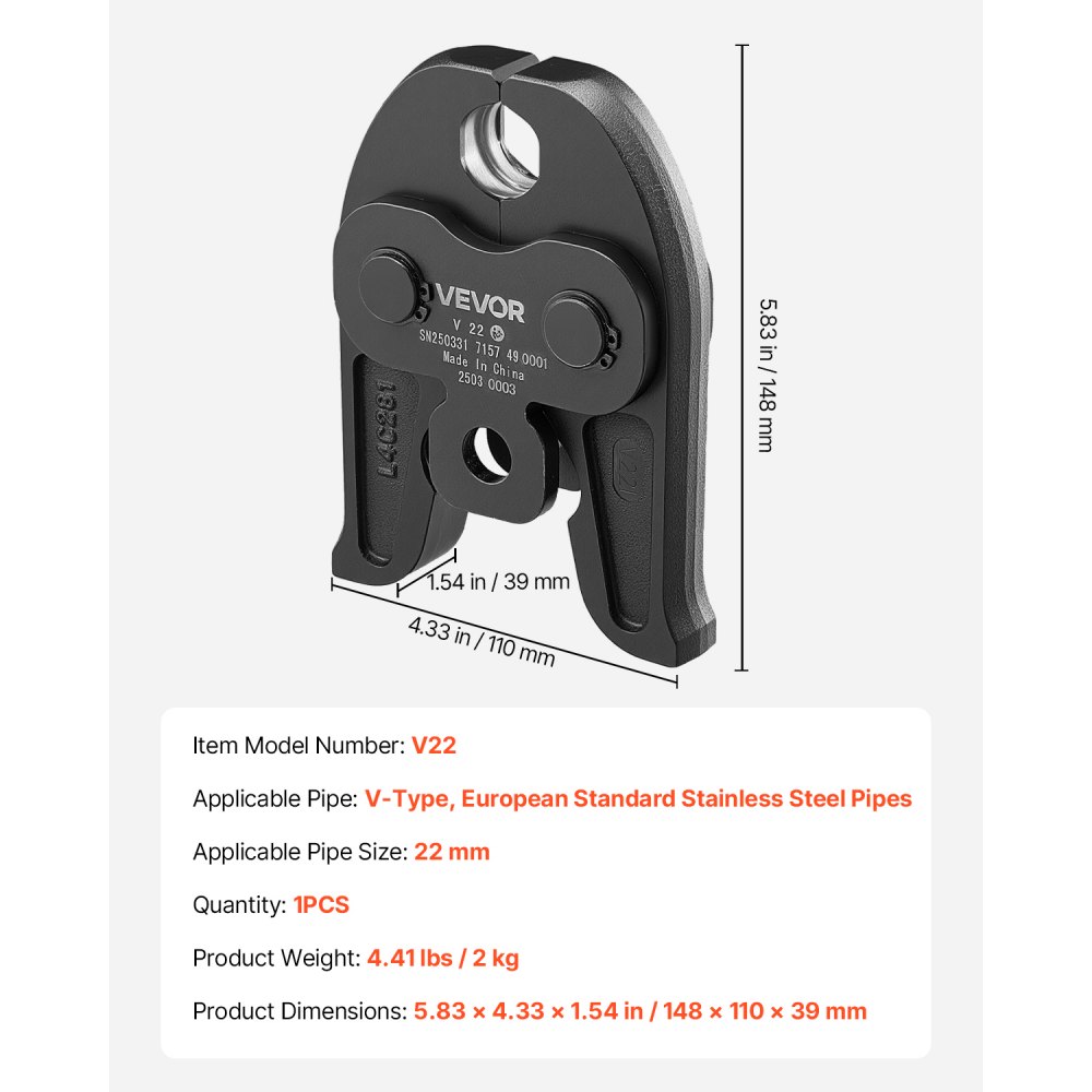 VEVOR V22 Pressing Jaw, 22mm Press Jaw for V-Type Stainless Steel Pipes, High-Strength Carburized Steel Crimping Jaws Compatible with Standard Press Tools