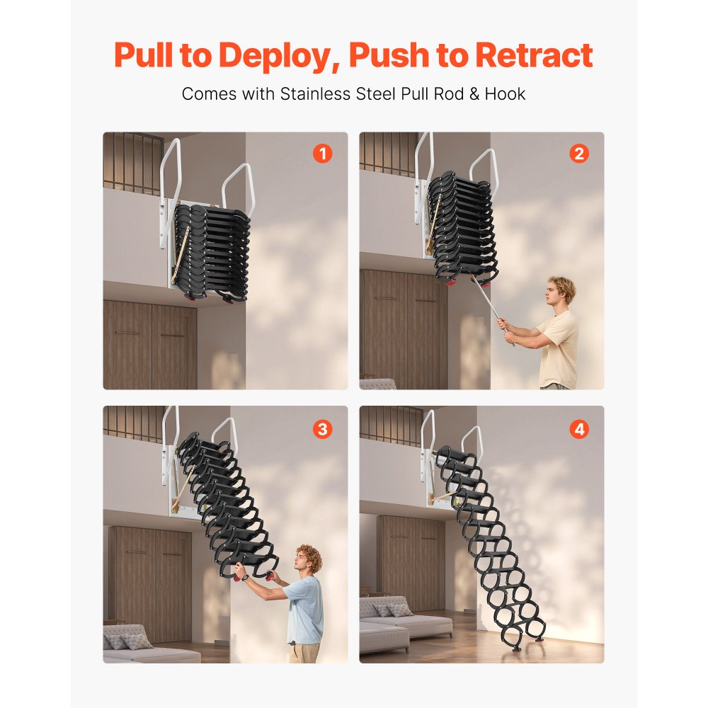 VEVOR Escalera de Ático de Pared, Capacidad de 299,4 kg, Apta para Techos de 2,9 a 3 m, Plegable de Acero de 12 Peldaños con Pasamanos, Abatible para Áticos, Garajes, Techos y Sótanos, Negro