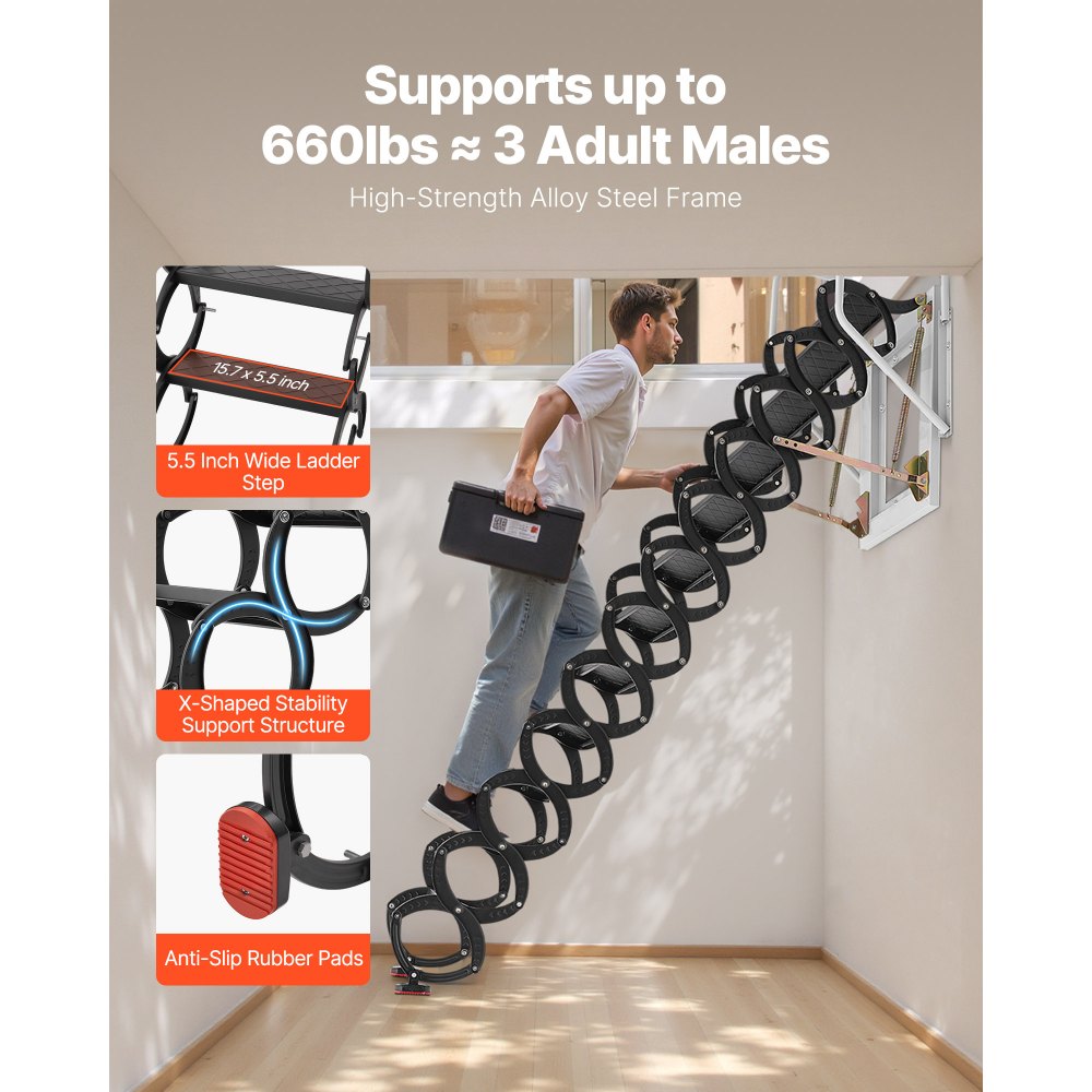 VEVOR Escalera de Ático de Pared, Capacidad de 299,4 kg, Apta para Techos de 2,9 a 3 m, Plegable de Acero de 12 Peldaños con Pasamanos, Abatible para Áticos, Garajes, Techos y Sótanos, Negro