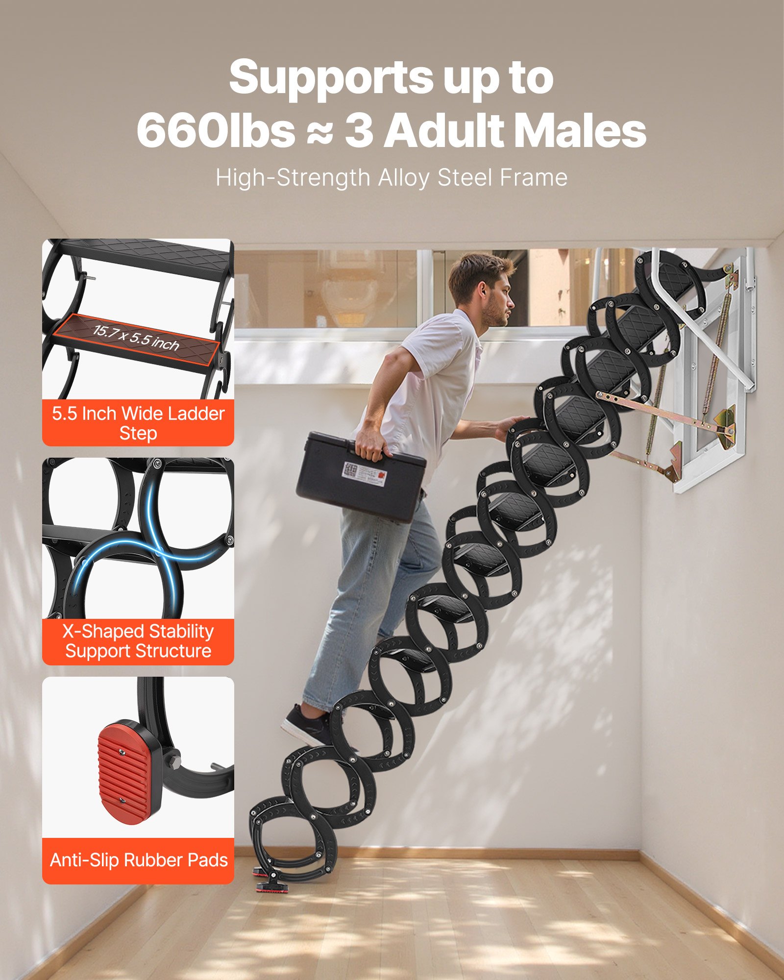 VEVOR Escalera de Ático de Pared, Capacidad de 299,4 kg, Apta para Techos de 2,9 a 3 m, Plegable de Acero de 12 Peldaños con Pasamanos, Abatible para Áticos, Garajes, Techos y Sótanos, Negro