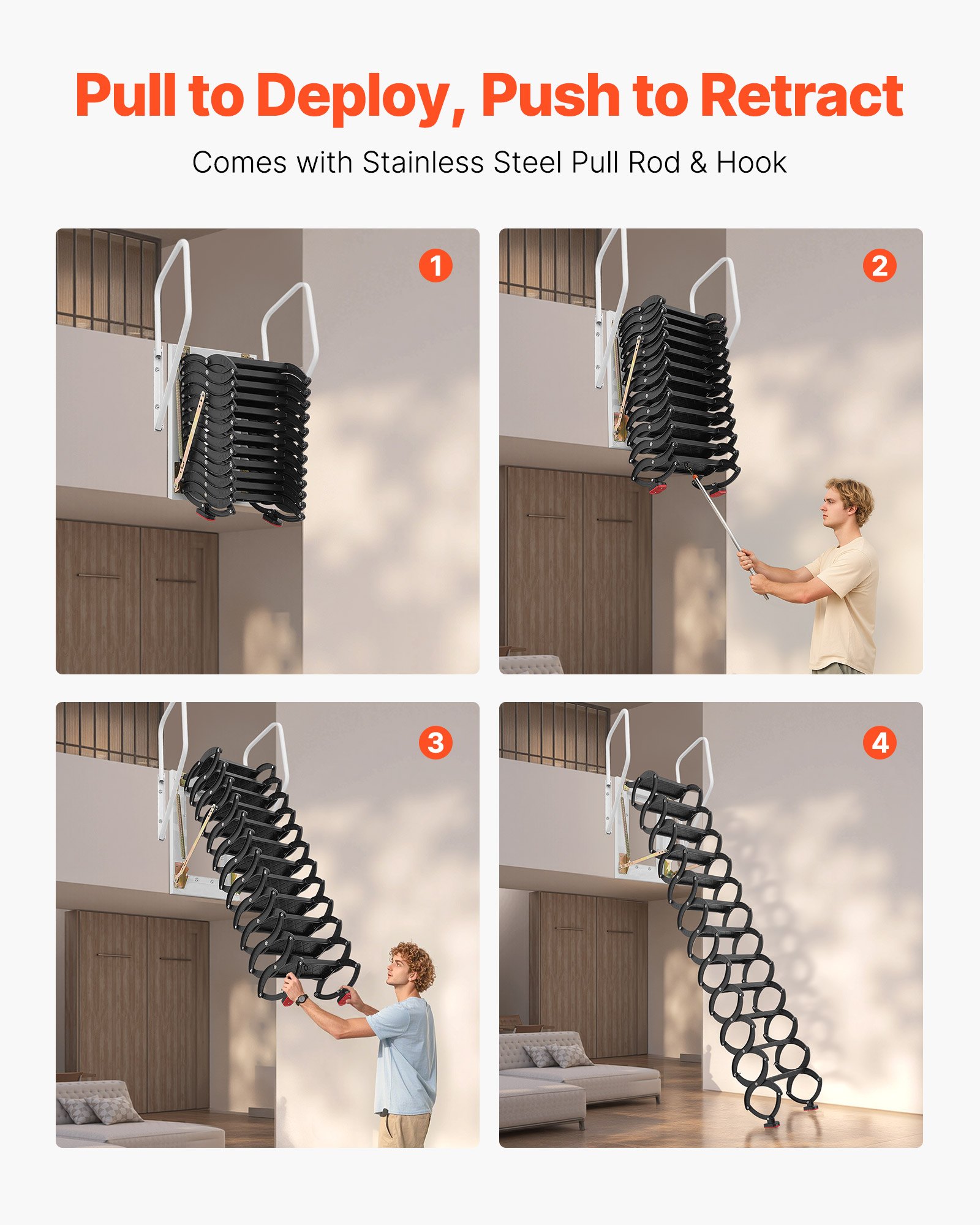 VEVOR Escalera de Ático de Pared, Capacidad de 299,4 kg, Apta para Techos de 2,9 a 3 m, Plegable de Acero de 12 Peldaños con Pasamanos, Abatible para Áticos, Garajes, Techos y Sótanos, Negro