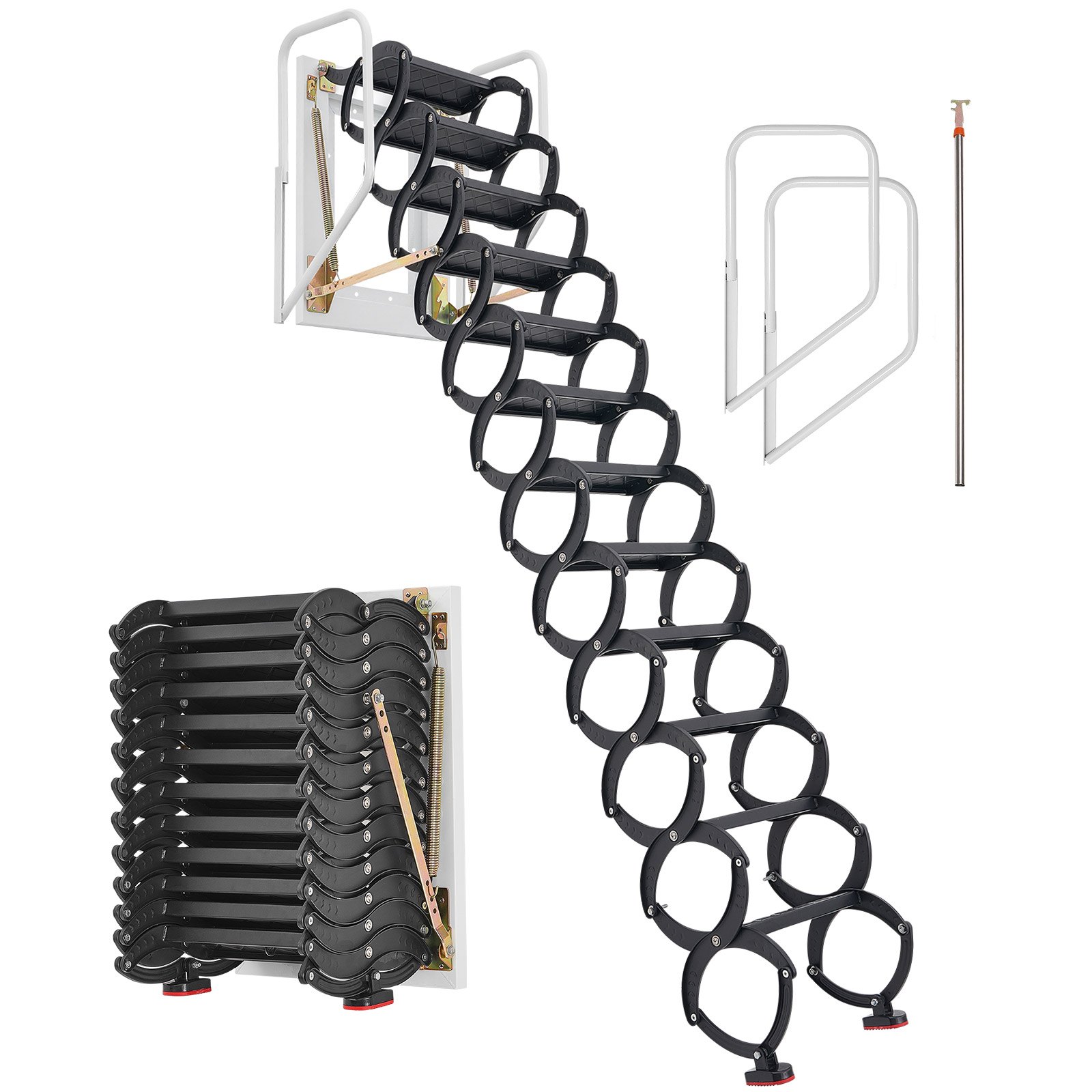 VEVOR Escalera de Ático de Pared, Capacidad de 299,4 kg, Apta para Techos de 2,9 a 3 m, Plegable de Acero de 12 Peldaños con Pasamanos, Abatible para Áticos, Garajes, Techos y Sótanos, Negro
