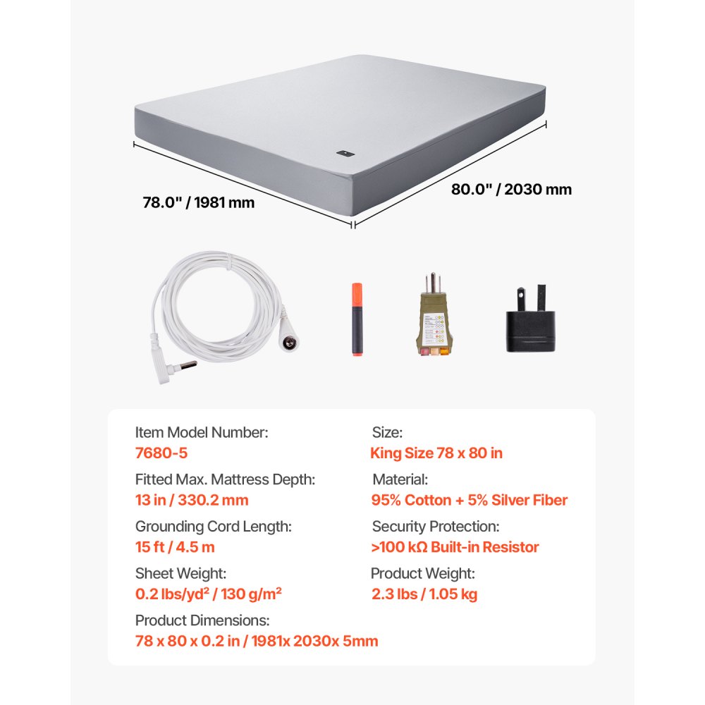 VEVOR Grounding Bed Sheet, King Size, 95% Cotton & 5% Pure Silver Fiber, Grounding Bed Mat, with Grounding Cable & Tester, for Improved Sleep & Well-being (Grey, King Size – 1981x2030x5 mm)