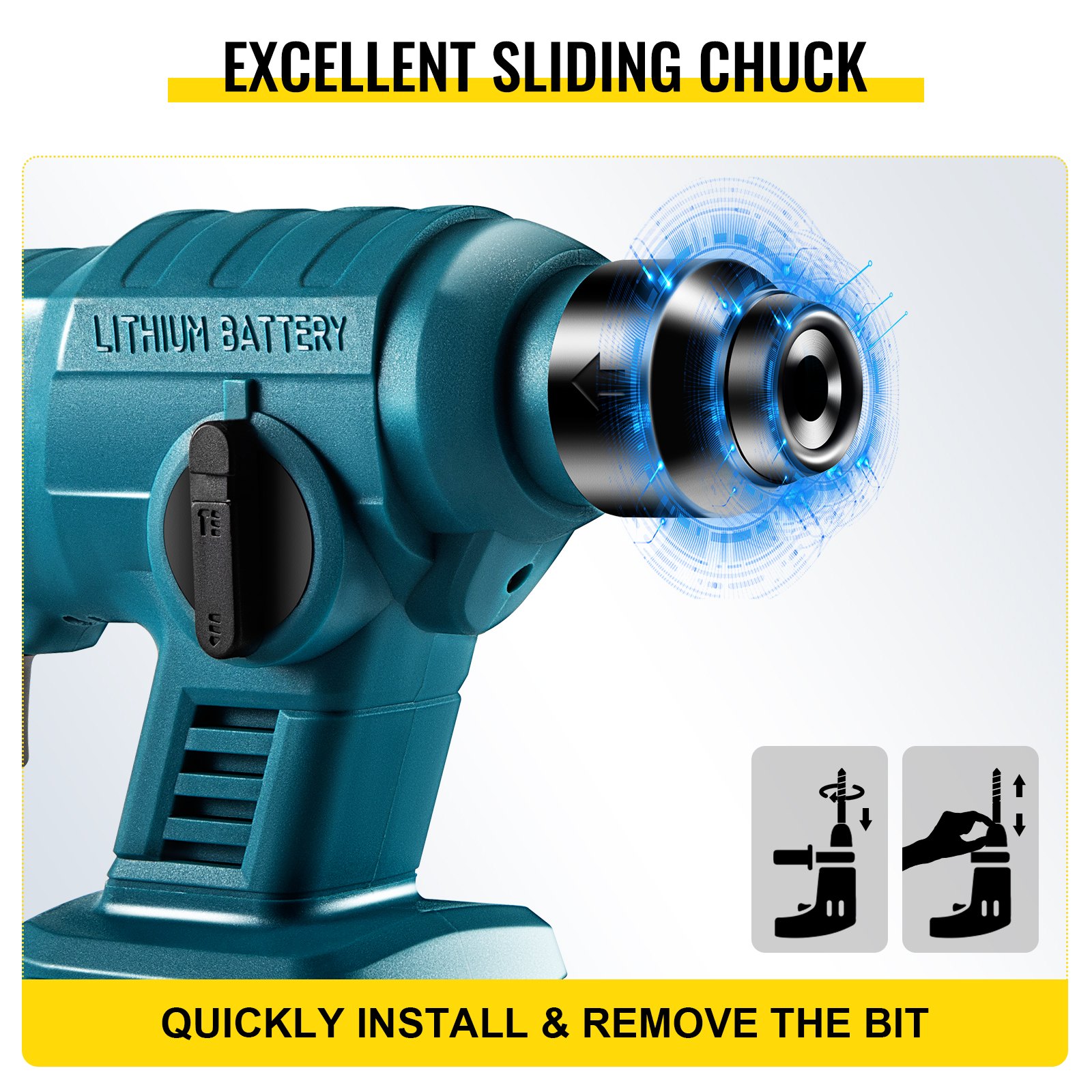 VEVOR Martillo Perforador, 18?V Velocidad sin Carga 0-900 rpm, 2 Funciones Martillo Taladro Atornillador con 5 Brocas, 200x260x80 mm Taladro a Batería Azul, Utilizado para Concreto Acero y Madera