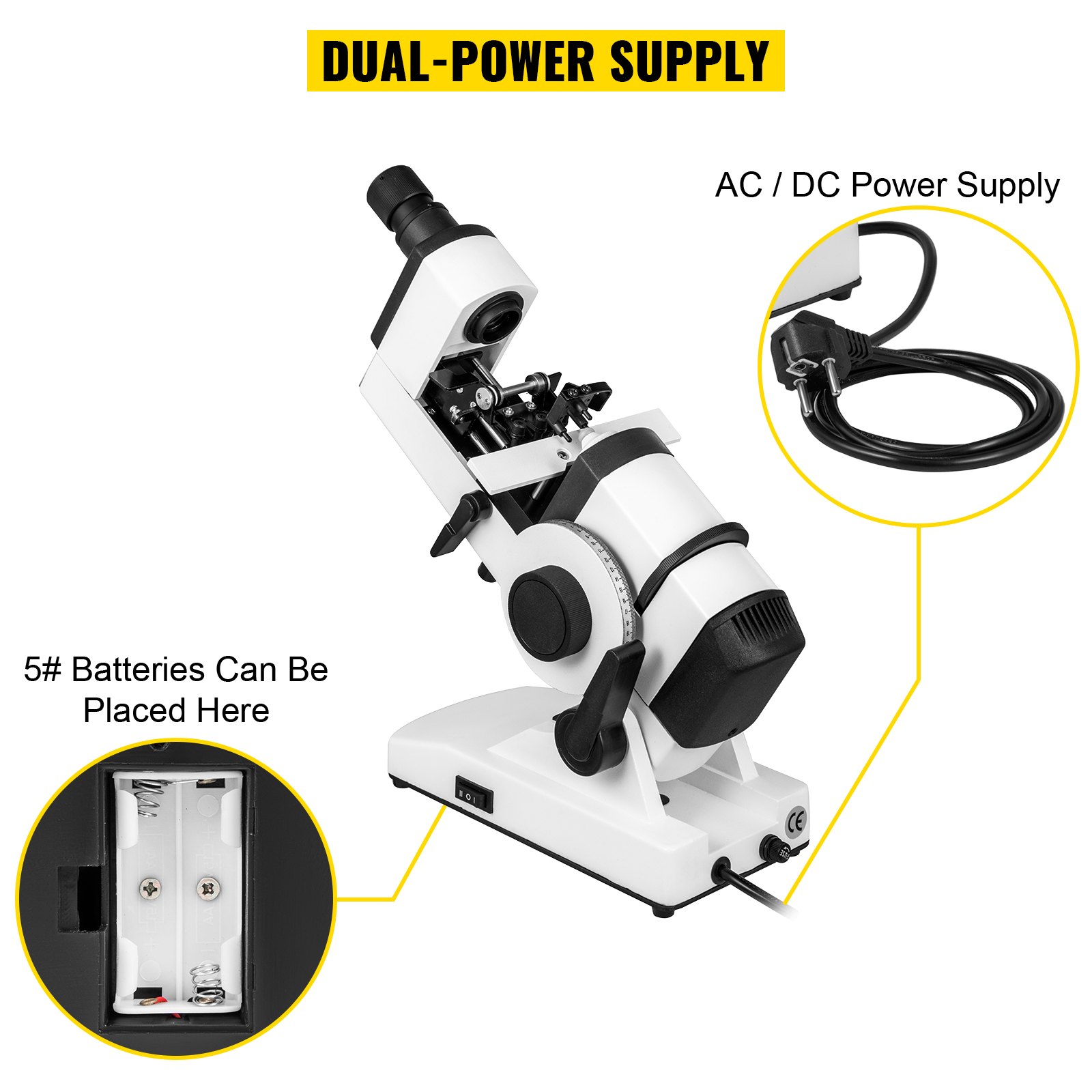 VEVOR Manual Lensómetro Rango Medición ±25D Rango Enfoque ±5D Focímetro Óptico CA/CC 220V/3V Focímetro Optometría Diámetro Máximo Medido 20-85 mm para Tiendas Ópticas, Departamento de Oftalmología