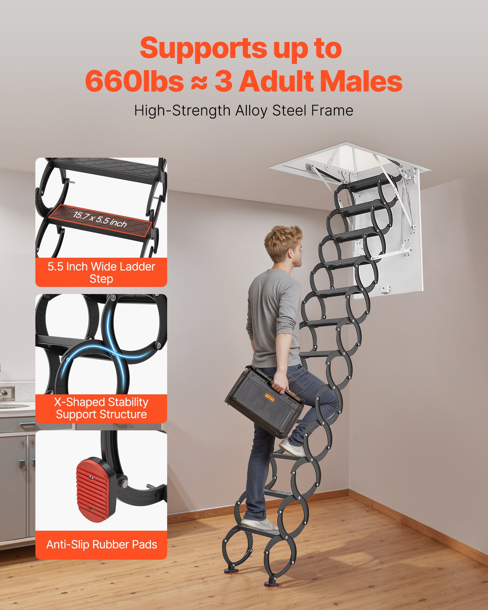 VEVOR attic ladder, load capacity 299.4 kg, suitable for ceiling heights of 2.9-3.1 m & opening size of 1000.76x698.5 mm, scissor ladder made of alloy steel with pull rod for attic