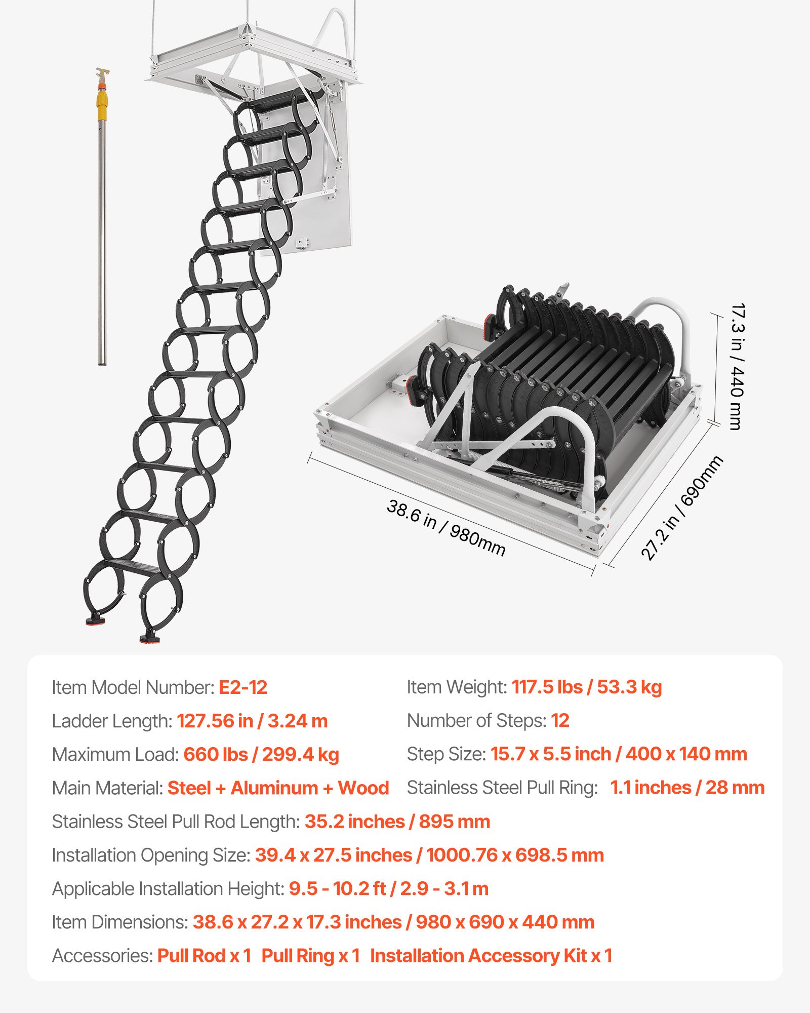 VEVOR attic ladder, load capacity 299.4 kg, suitable for ceiling heights of 2.9-3.1 m & opening size of 1000.76x698.5 mm, scissor ladder made of alloy steel with pull rod for attic