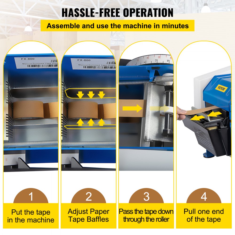 Pasos de configuración del dispensador de cinta activada por agua VEVOR: insertar, ajustar, pasar y tirar de la cinta.