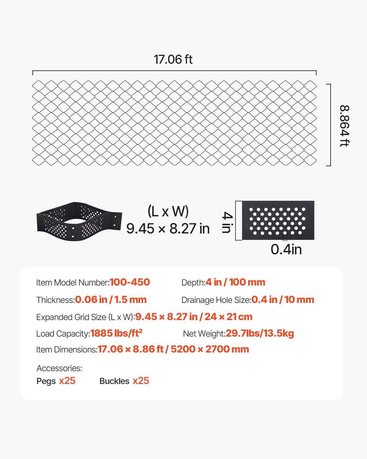 VEVOR gravel grid, 100 mm deep, grass grid 5200 x 2700 mm, gravel honeycomb, honeycomb grid HDPE, permeable geogrid for driveway stabilization, for garden, terrace, walkway, motorhome parking areas
