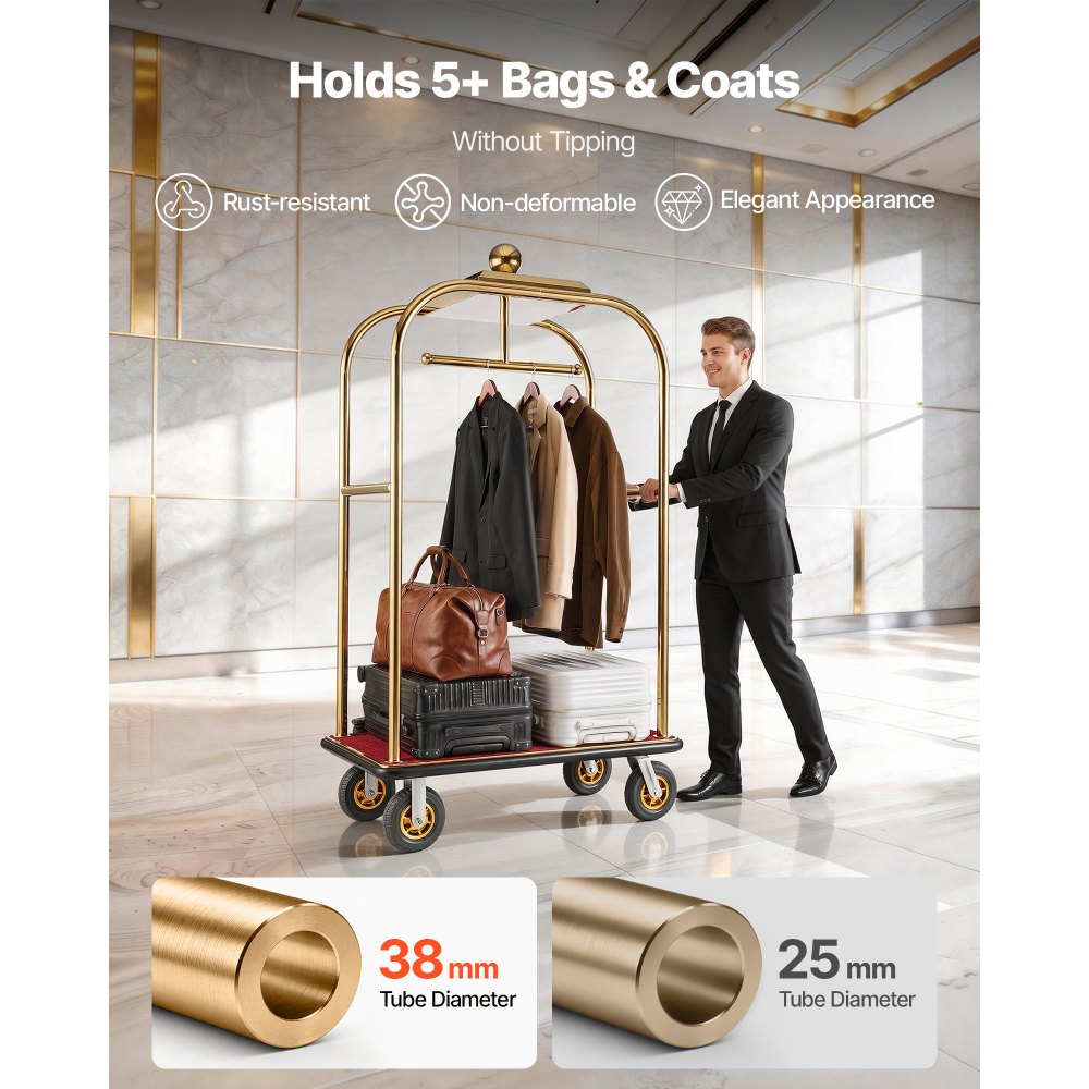 VEVOR Carrito de Transporte para Hotel, Carro de Equipaje con Barra para Colgar de Acero Inoxidable con Plataforma Roja de 1080 x 640 mm, Capacidad 544 kg con Ruedas de Goma para Resorts Recepciones