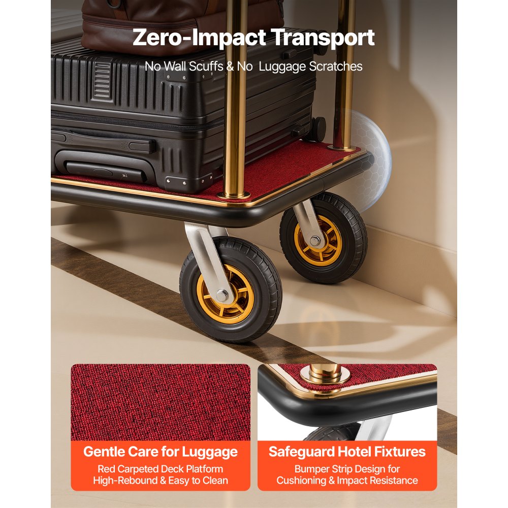 VEVOR Carrito de Transporte para Hotel, Carro de Equipaje con Barra para Colgar de Acero Inoxidable con Plataforma Roja de 1080 x 640 mm, Capacidad 544 kg con Ruedas de Goma para Resorts Recepciones