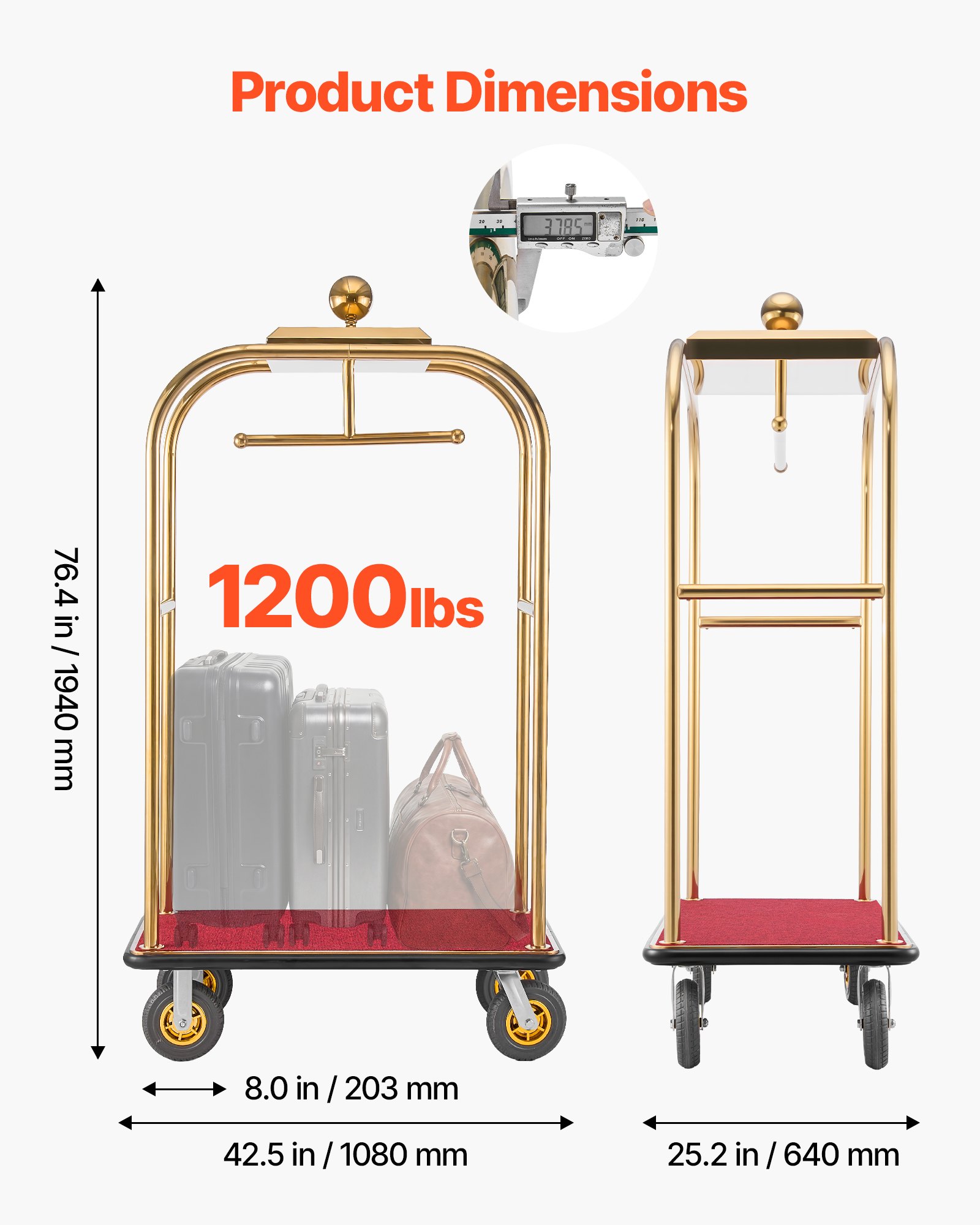 VEVOR Carrito de Transporte para Hotel, Carro de Equipaje con Barra para Colgar de Acero Inoxidable con Plataforma Roja de 1080 x 640 mm, Capacidad 544 kg con Ruedas de Goma para Resorts Recepciones