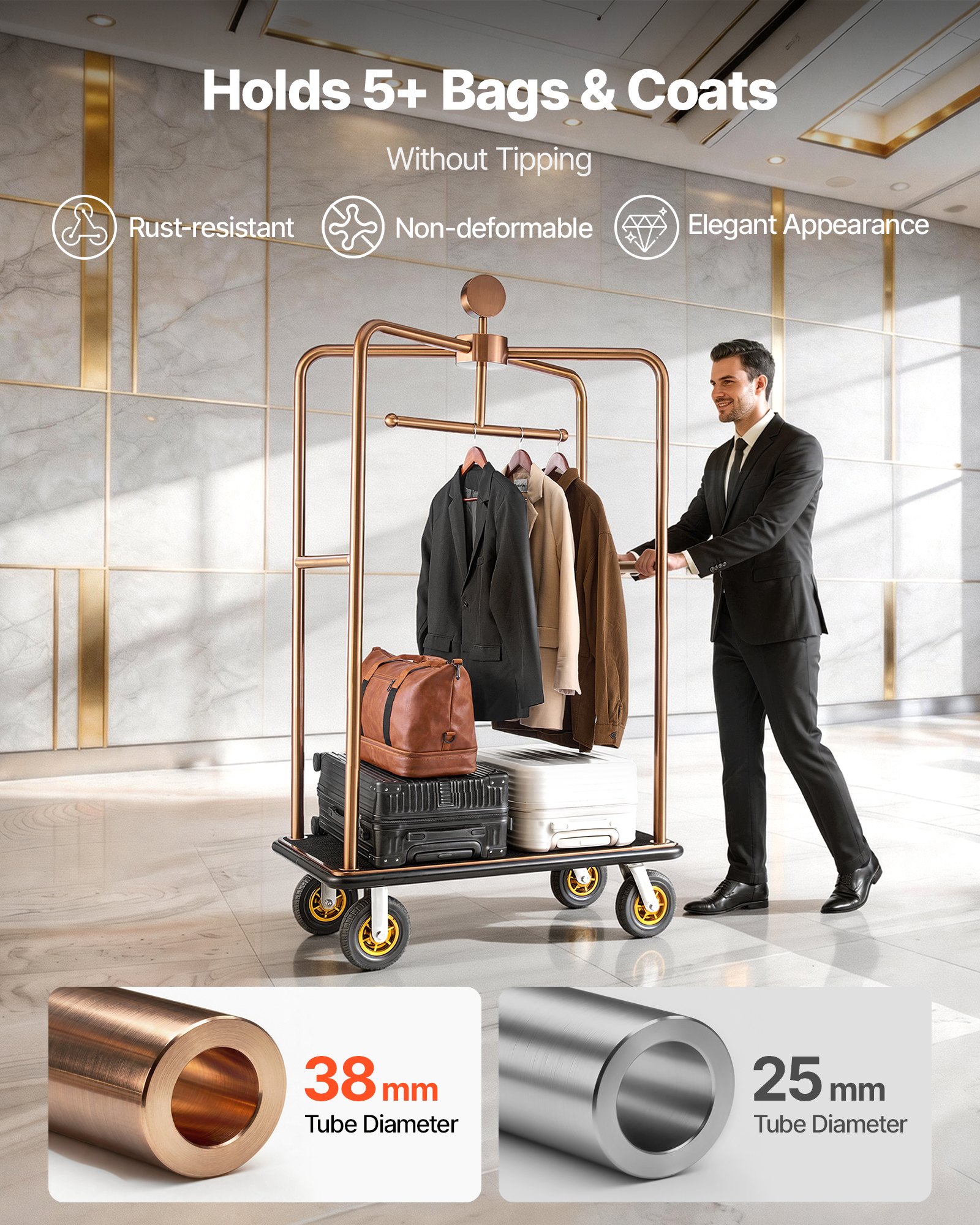 VEVOR Carrito de Transporte para Hotel, Carro de Equipaje de Acero Inoxidable con Barra para Colgar, Plataforma Gris de 1080 x 650 mm, Capacidad 544 kg con Ruedas de Goma para Recepciones y Resorts