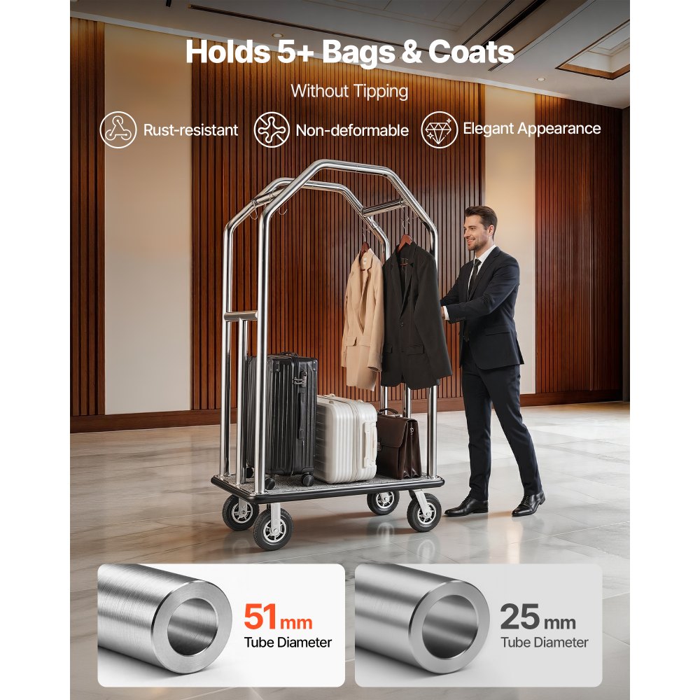 VEVOR Carrito de Transporte para Hotel con Barra para Colgar, Carro de Equipaje de Acero Inoxidable con Plataforma Gris de 1080 x 640 mm, Capacidad 680 kg con Ruedas de Goma para Recepciones Resorts