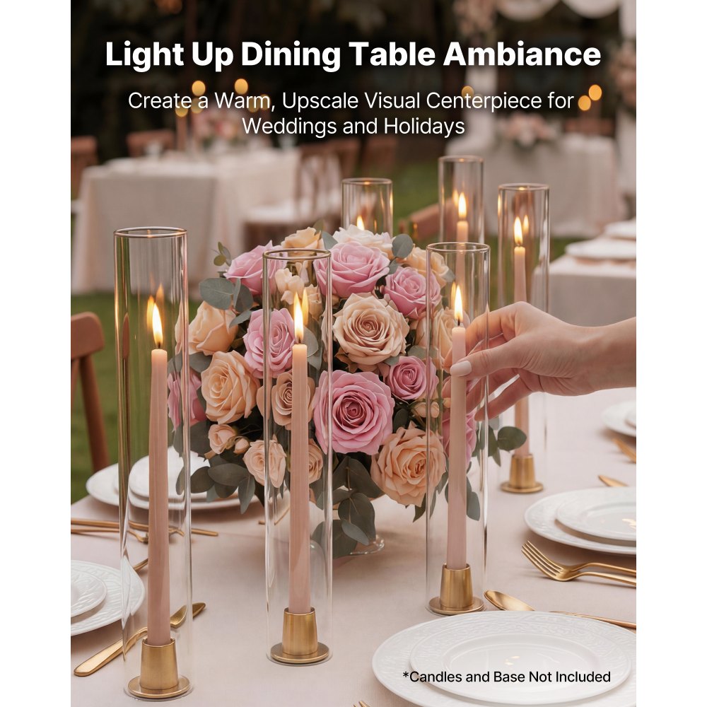 VEVOR Juego de 24 Cilindros de Vidrio de Cristal Hurricane, Tubos de Vidrio para Velas, Altura 350 mm, Diámetro 65 mm, Vidrio de Borosilicato, para Decoración, Fiestas, Mesas y Bodas, Transparente