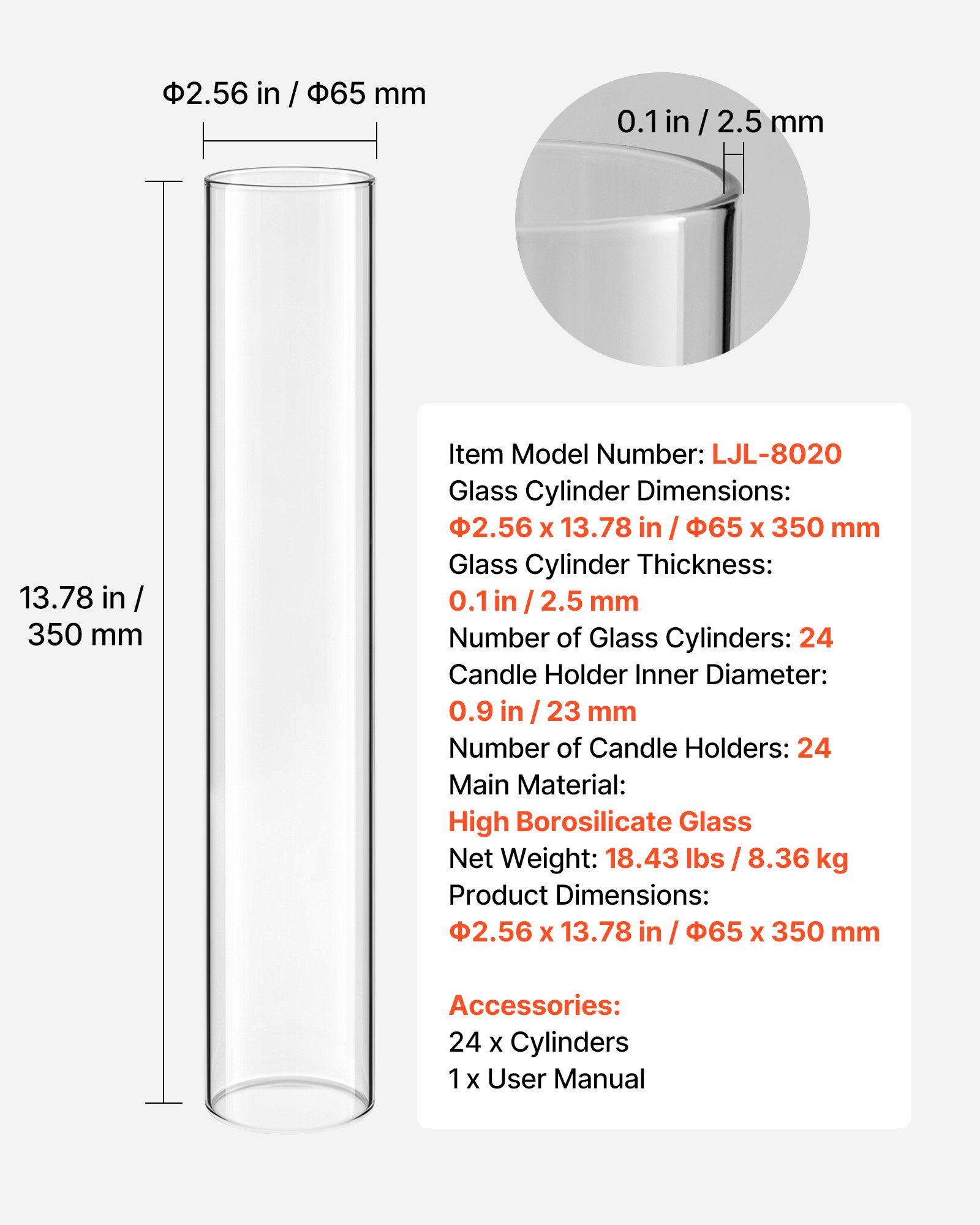 VEVOR Juego de 24 Cilindros de Vidrio de Cristal Hurricane, Tubos de Vidrio para Velas, Altura 350 mm, Diámetro 65 mm, Vidrio de Borosilicato, para Decoración, Fiestas, Mesas y Bodas, Transparente