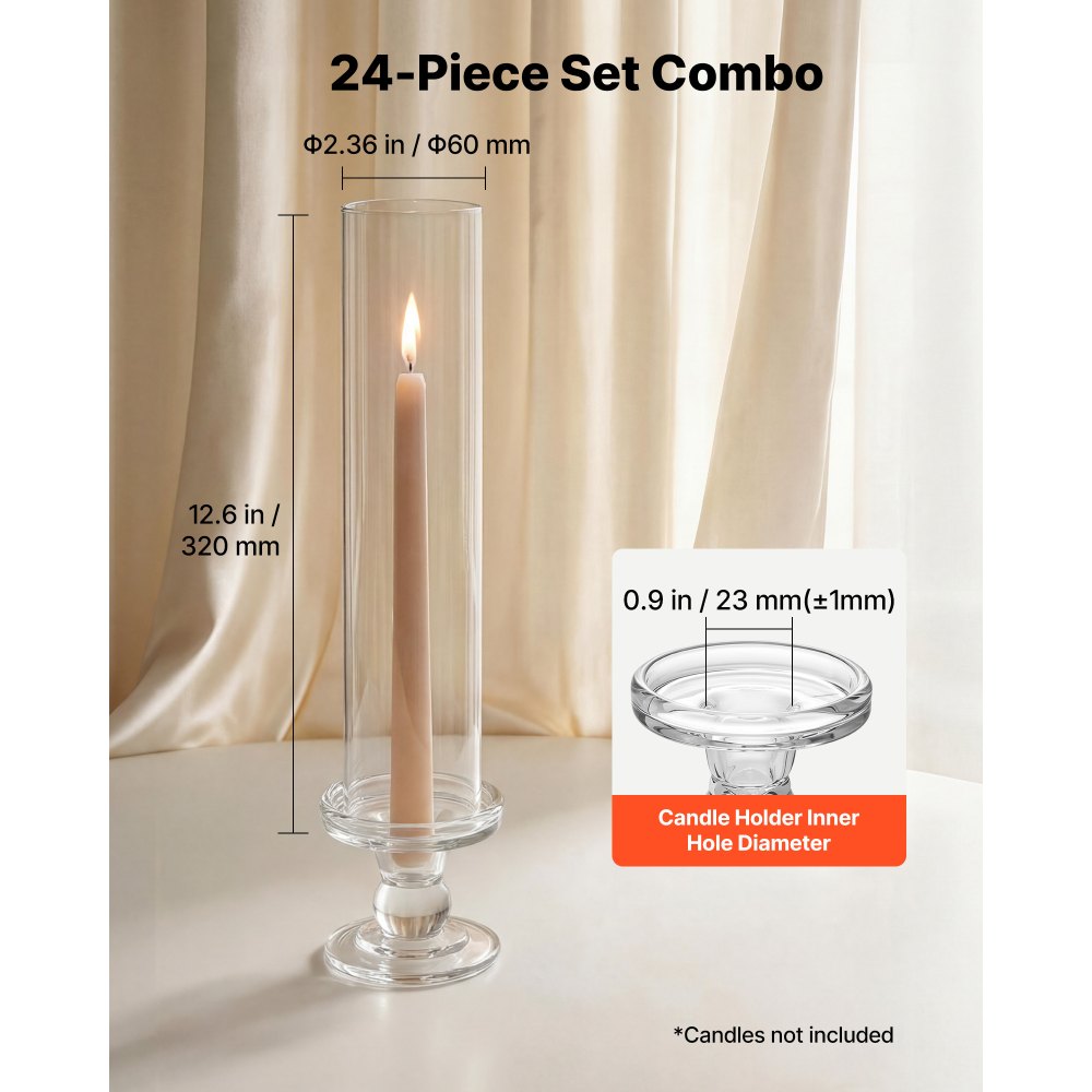 VEVOR Juego de 24 Portavelas de Cristal Hurricane, Portavelas de Vidrio Cilíndricos Altos, Altura 350 mm, Diámetro 65 mm, Vidrio de Borosilicato, para Decoración, Centros de Mesa y Bodas, Transparente