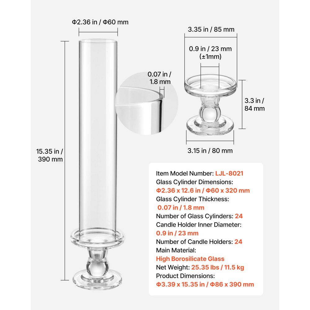 VEVOR Juego de 24 Portavelas de Cristal Hurricane, Portavelas de Vidrio Cilíndricos Altos, Altura 350 mm, Diámetro 65 mm, Vidrio de Borosilicato, para Decoración, Centros de Mesa y Bodas, Transparente